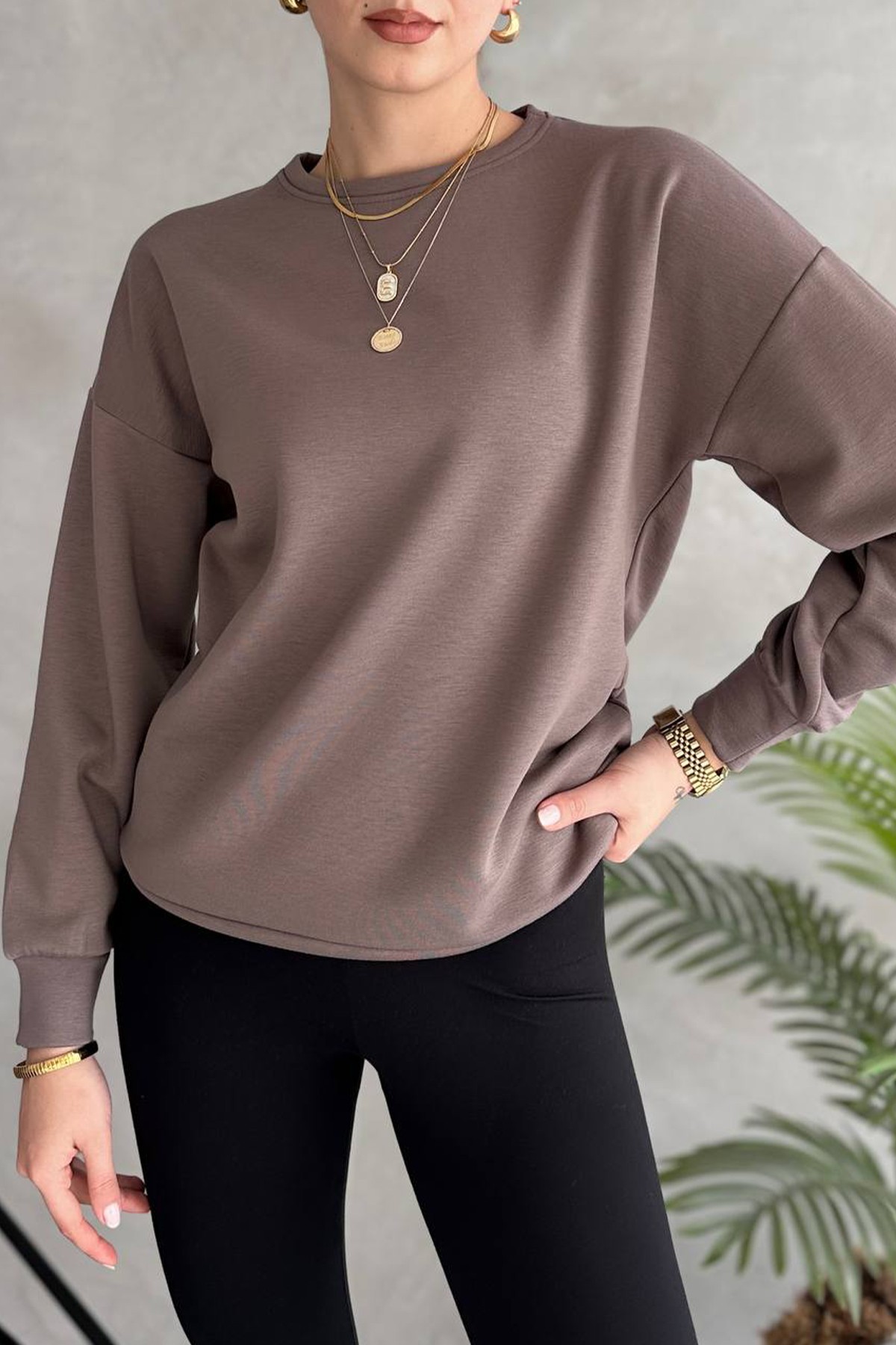 Kadın Sweatshirt İçi Polarlı Bisiklet Yaka Modal Kumaş Basic Sweat - Коричневый