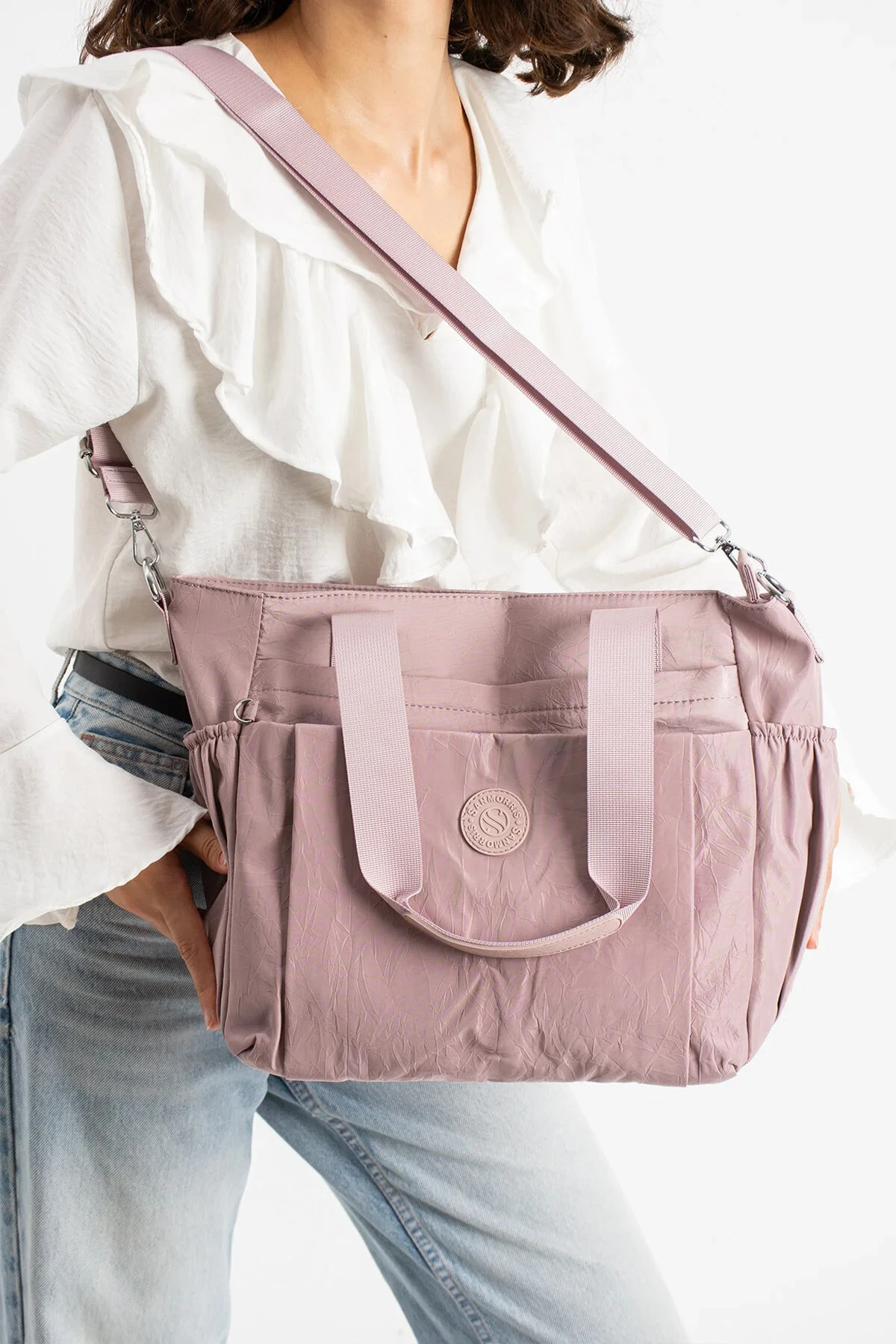 Büyük Boy 4 Bölmeli Suya Dayanıklı Çapraz ve Omuz Askılı Çanta - Pudra