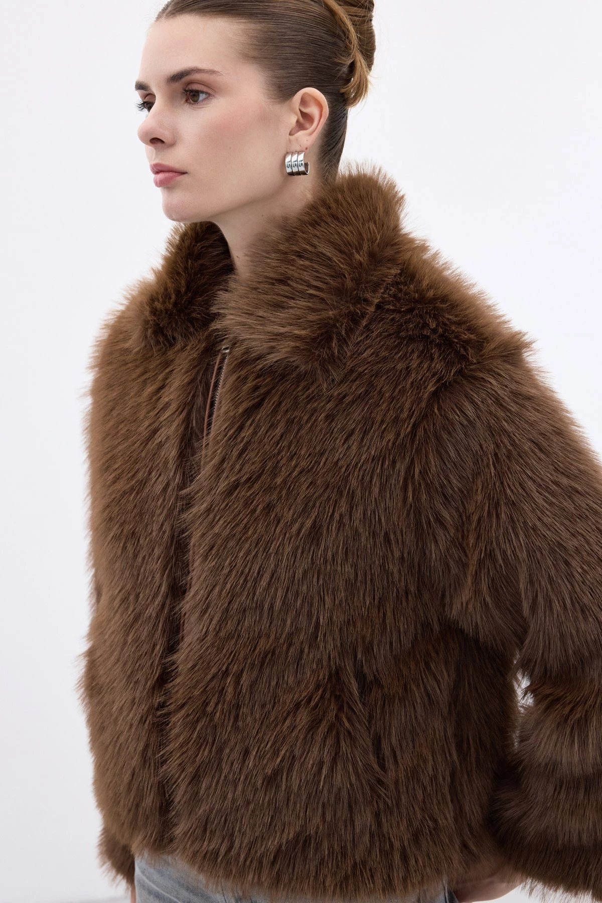 Tüylü Fermuarlı Kadın Kürk - Kahve
