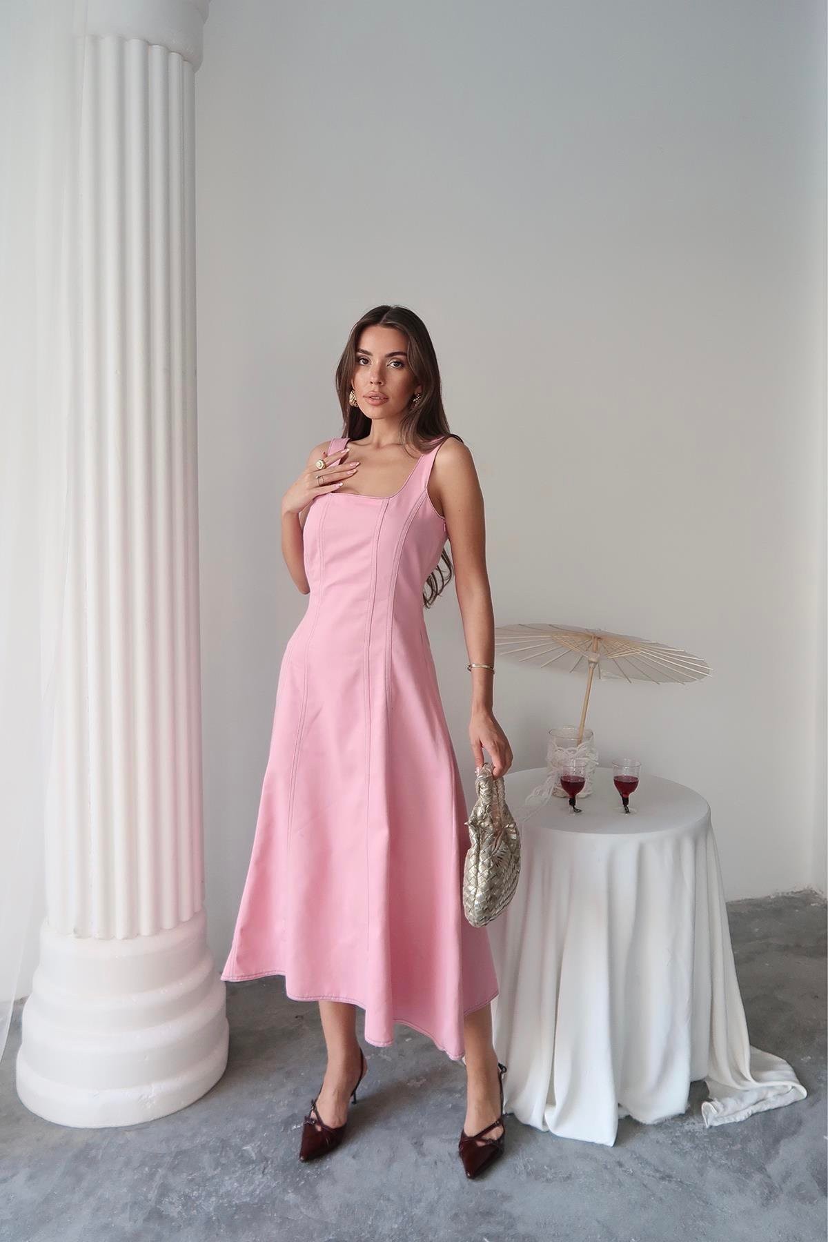 Çift Dikişli Kare Yaka Kolsuz Gabardin Elbise