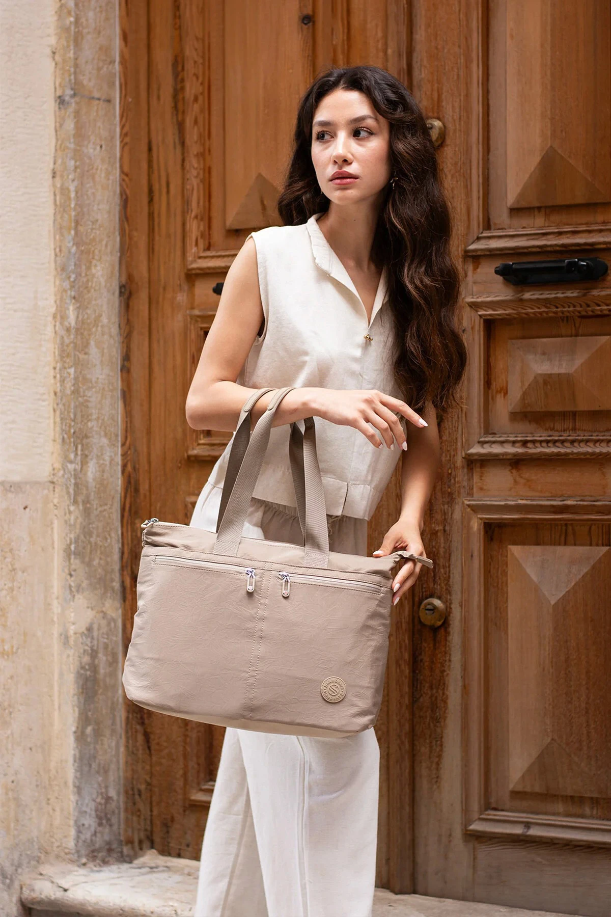 6 Gözlü Kullanışlı Paraşüt Kumaş Büyük Boy El ve Omuz Çantası - Bej