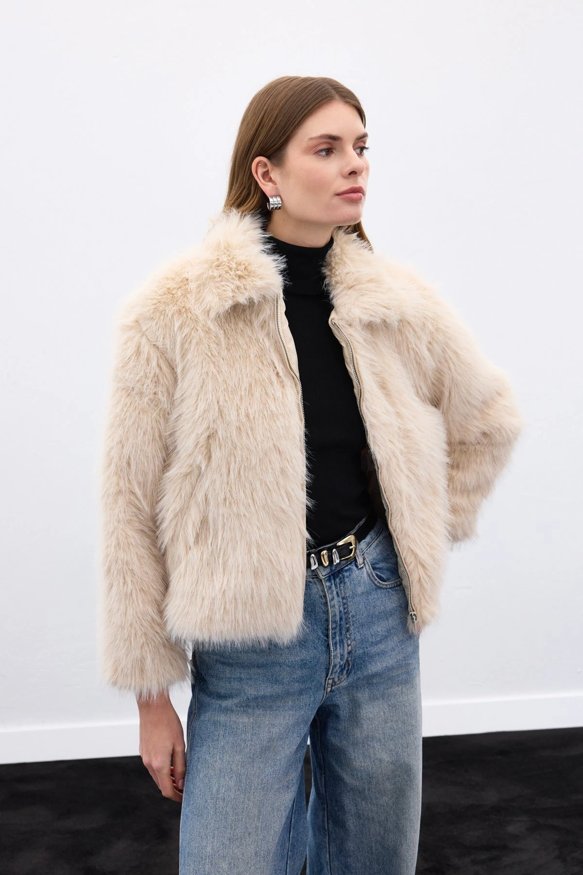 Tüylü Fermuarlı Kadın Kürk - Бежевый