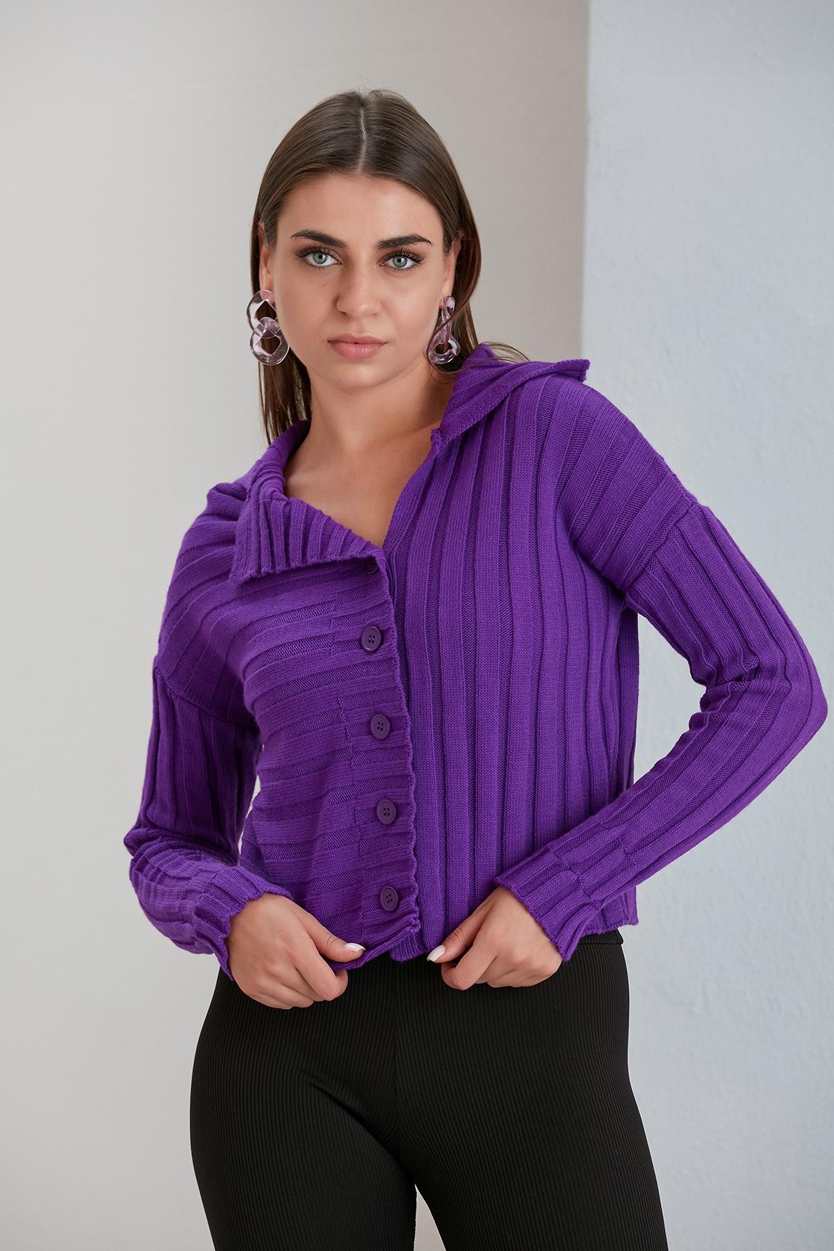Kalın Fitilli Geniş Yaka Slim Fit Kısa Kadın Hırka - Mor