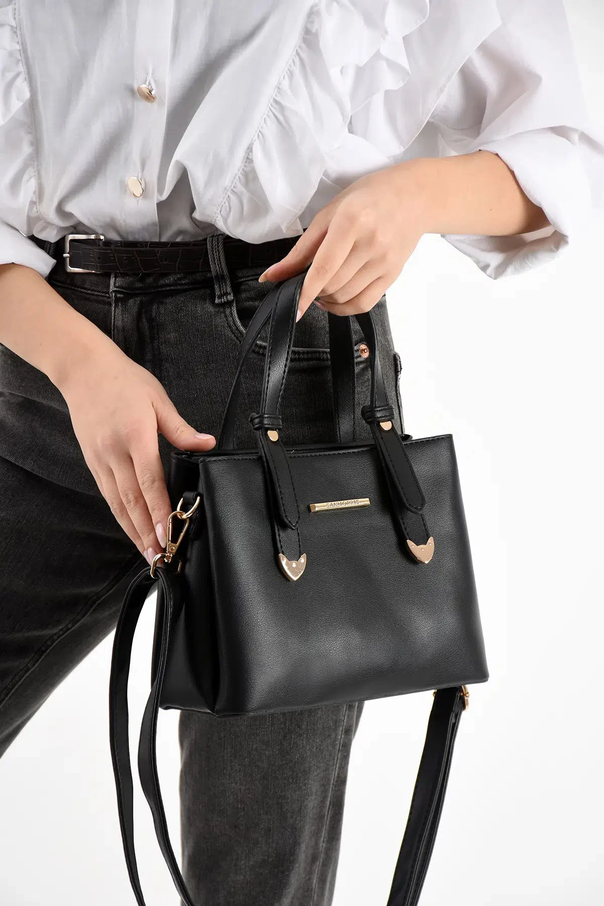 4 Bölmeli Gold Aksesuarlı Şık Kadın Omuz ve El Çantası - Siyah Mat