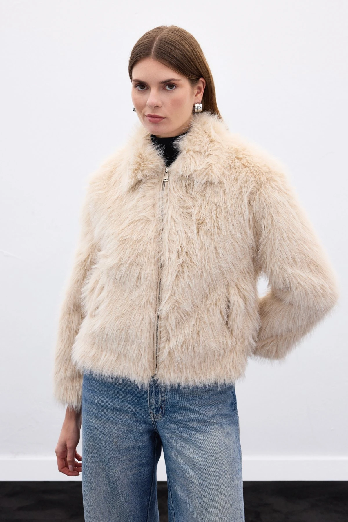 Tüylü Fermuarlı Kadın Kürk - Бежевый