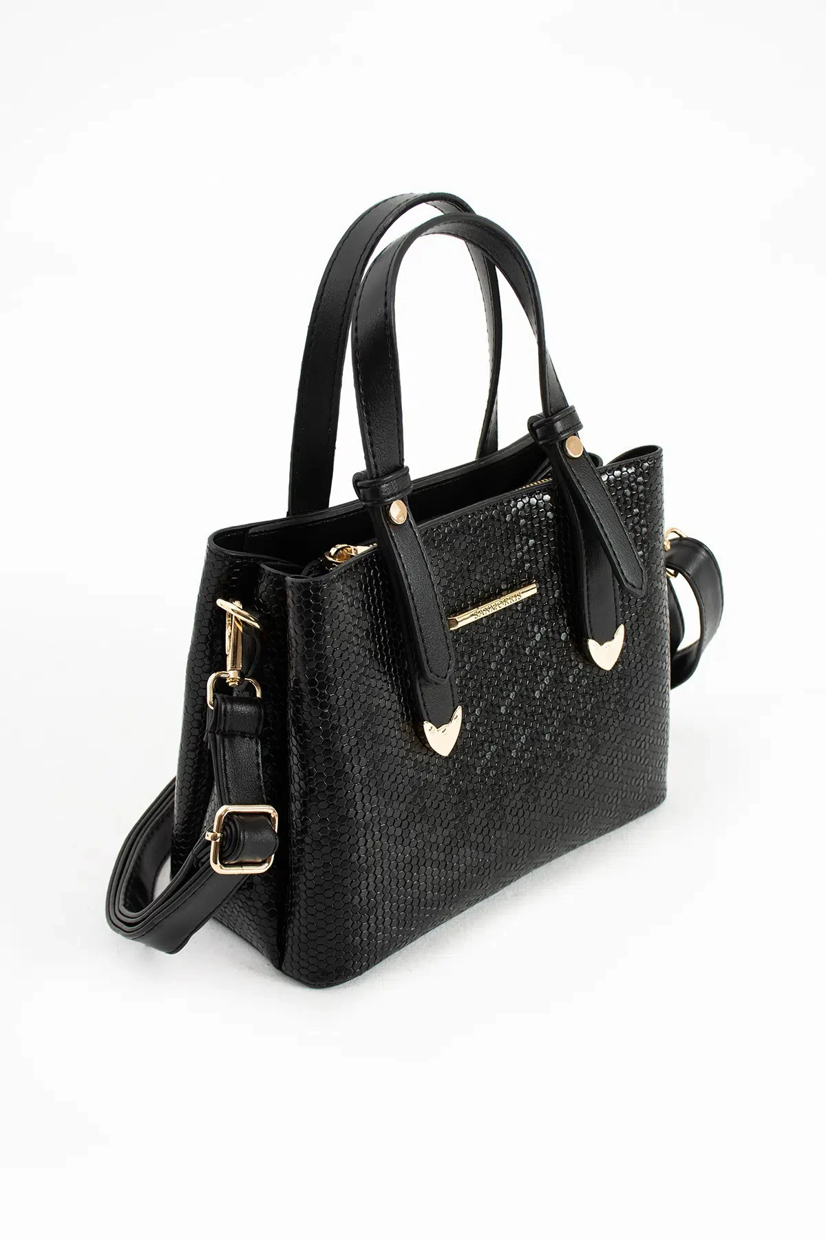 4 Bölmeli Gold Aksesuarlı Şık Kadın Omuz ve El Çantası - Siyah Damla