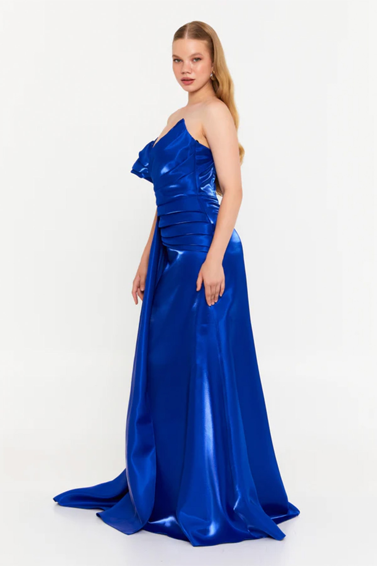 Tek Omuzlu Uzun Polyester Denizkızı Regular Abiye Elbise - Sax Mavi