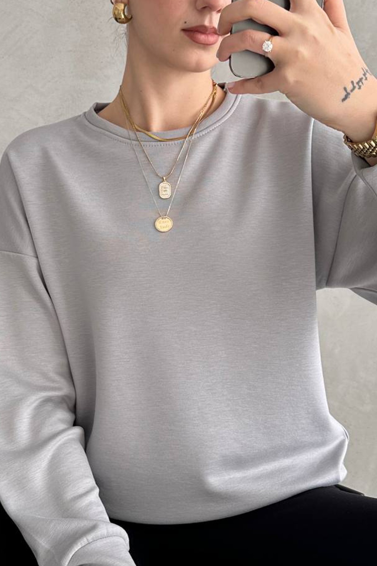 Kadın Sweatshirt İçi Polarlı Bisiklet Yaka Modal Kumaş Basic Sweat - Gri