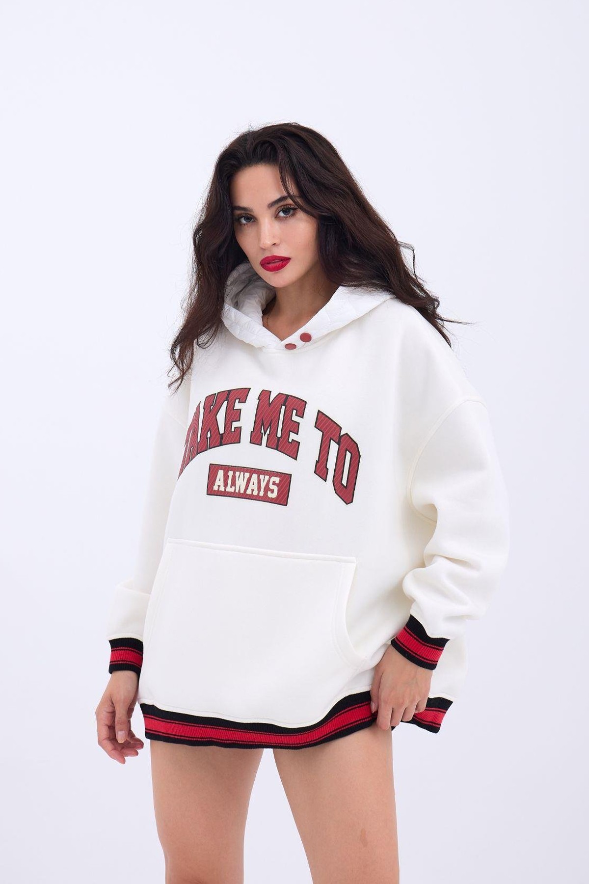 Kapüşonlu Kadın Hoodie Sweatshirt 3 İplik Şardonlu Kumaş Baskı Detaylı - экрю