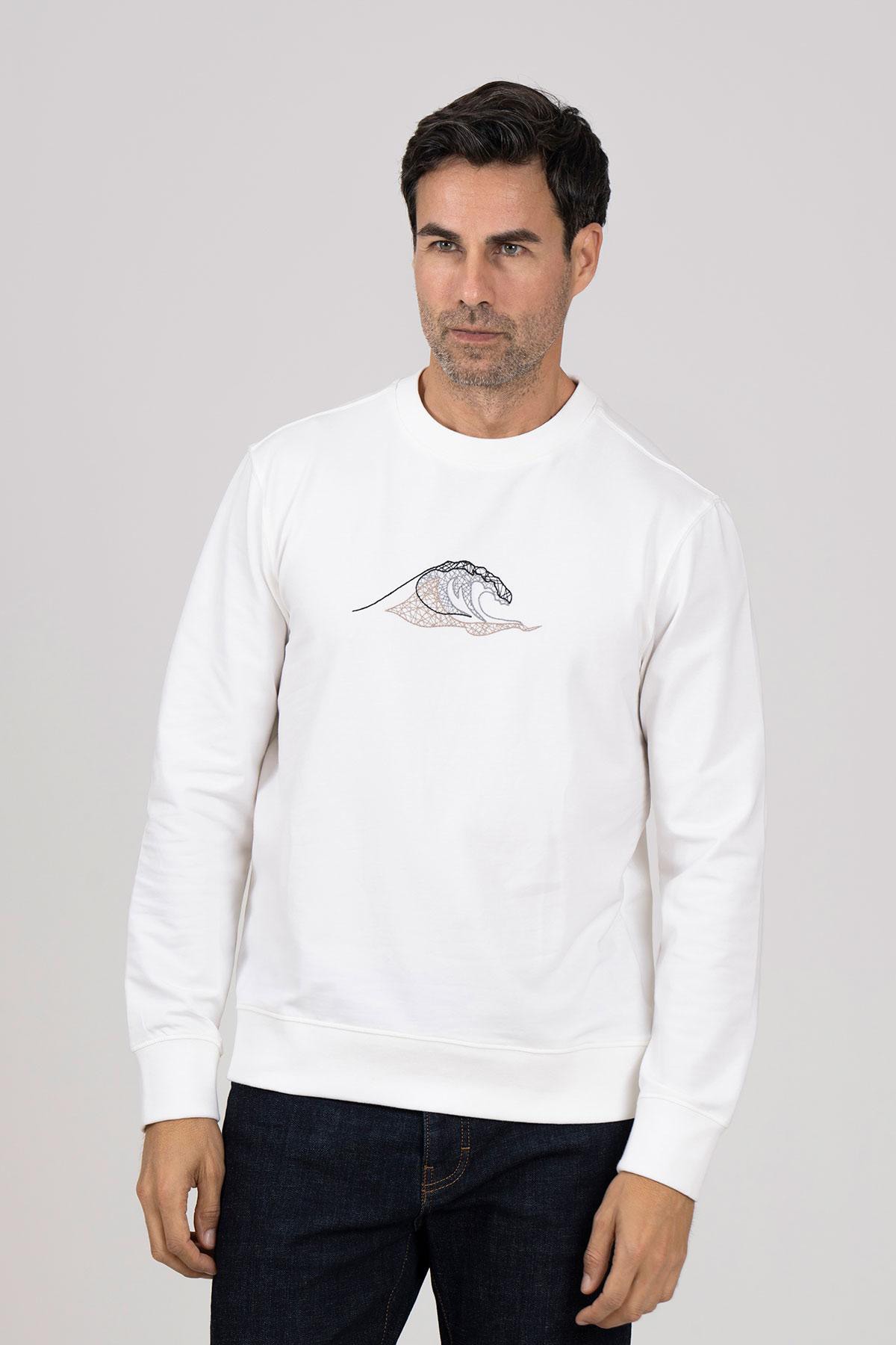 Wave Baskılı Bisiklet Yaka Pamuklu Erkek Sweatshirt - Beyaz