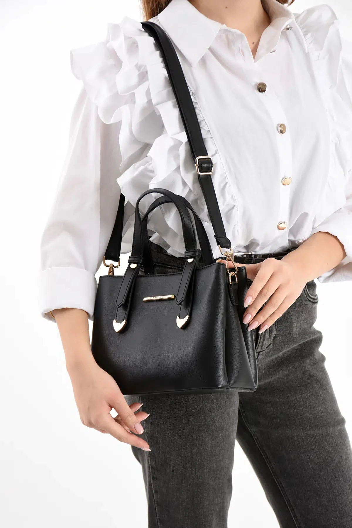 4 Bölmeli Gold Aksesuarlı Şık Kadın Omuz ve El Çantası - Siyah Mat