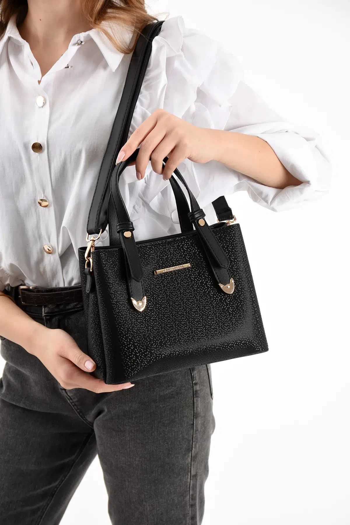 4 Bölmeli Gold Aksesuarlı Şık Kadın Omuz ve El Çantası - Siyah Mozaik