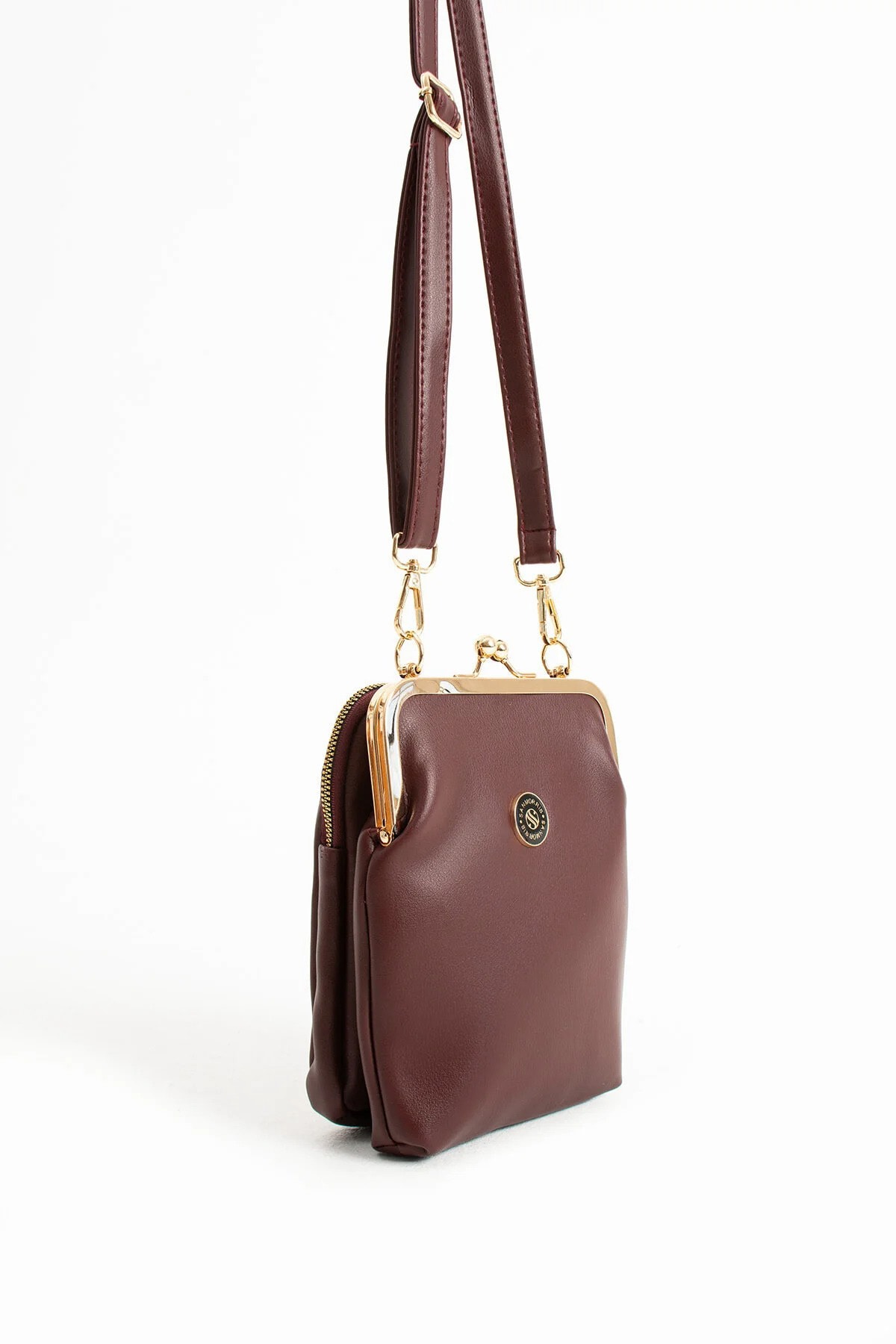 Gold Aksesuarlı Çapraz Askılı Suni Deri Omuz ve Çapraz Çanta - Bordo