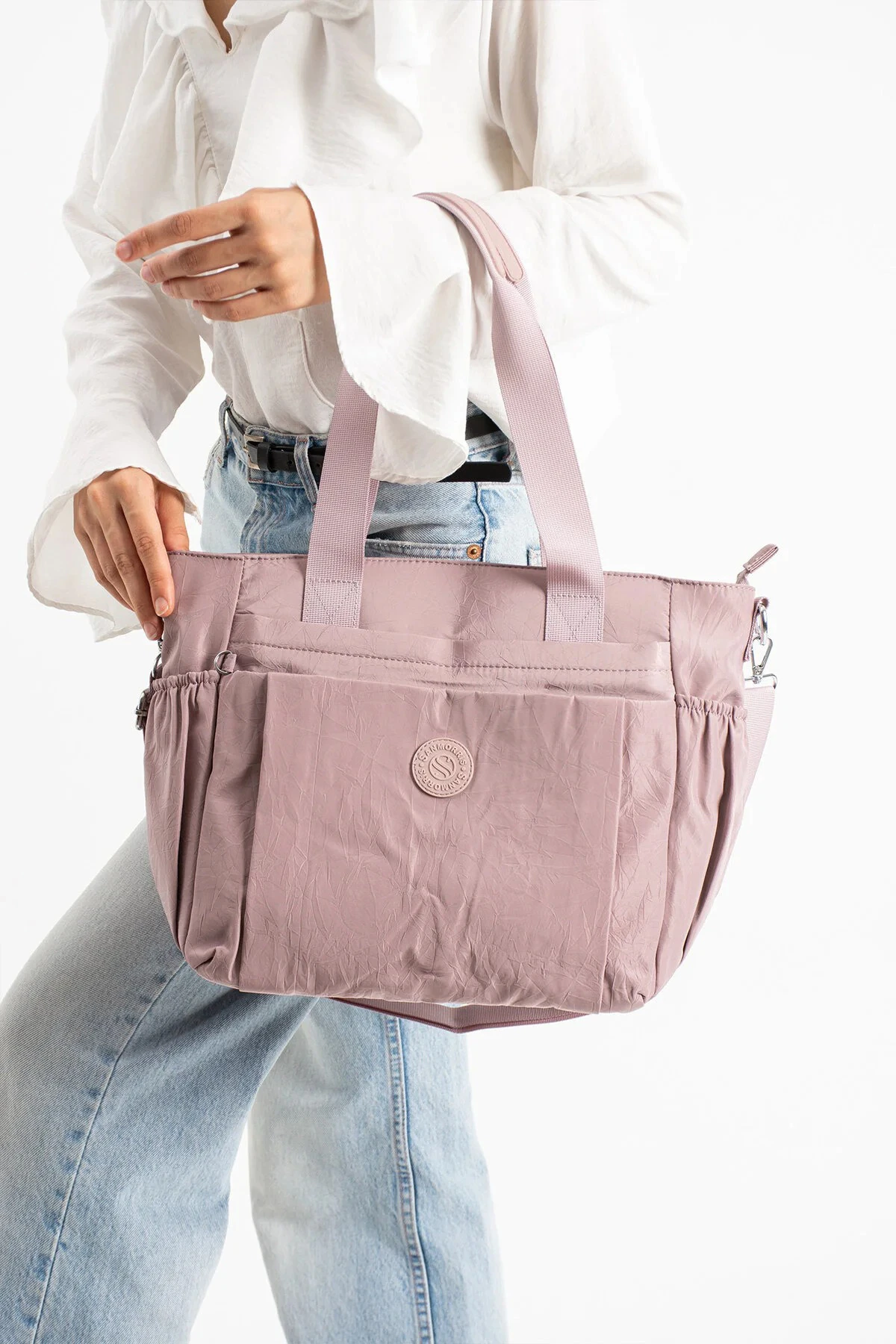 Büyük Boy 4 Bölmeli Suya Dayanıklı Çapraz ve Omuz Askılı Çanta - Pudra