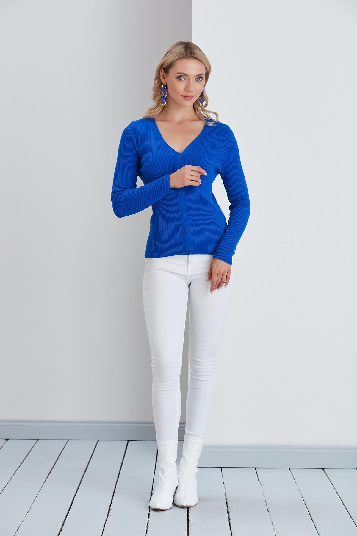 İnce Fitilli V Yaka Slim Fit Kadın Hırka - Sax Mavi
