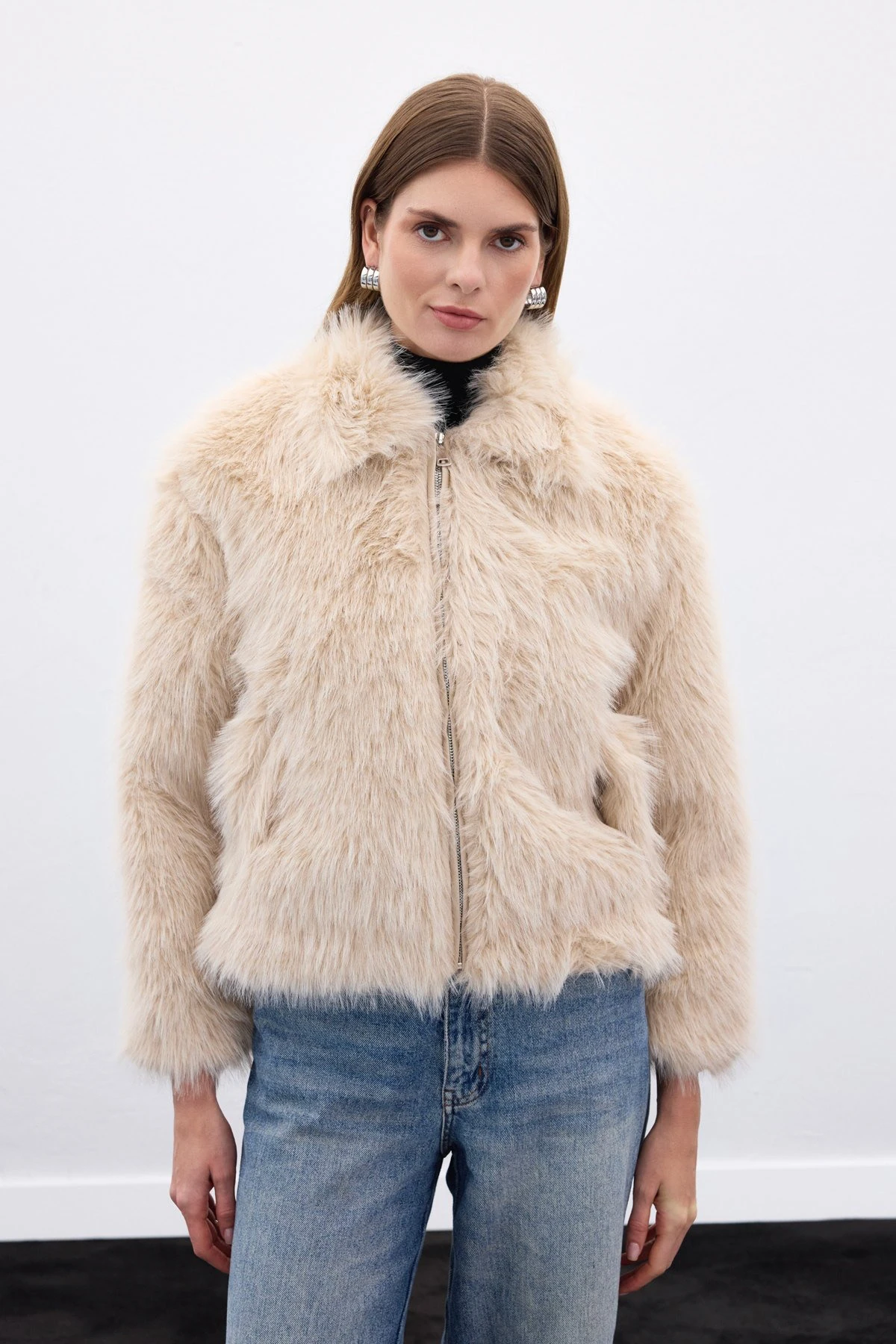 Tüylü Fermuarlı Kadın Kürk - Бежевый
