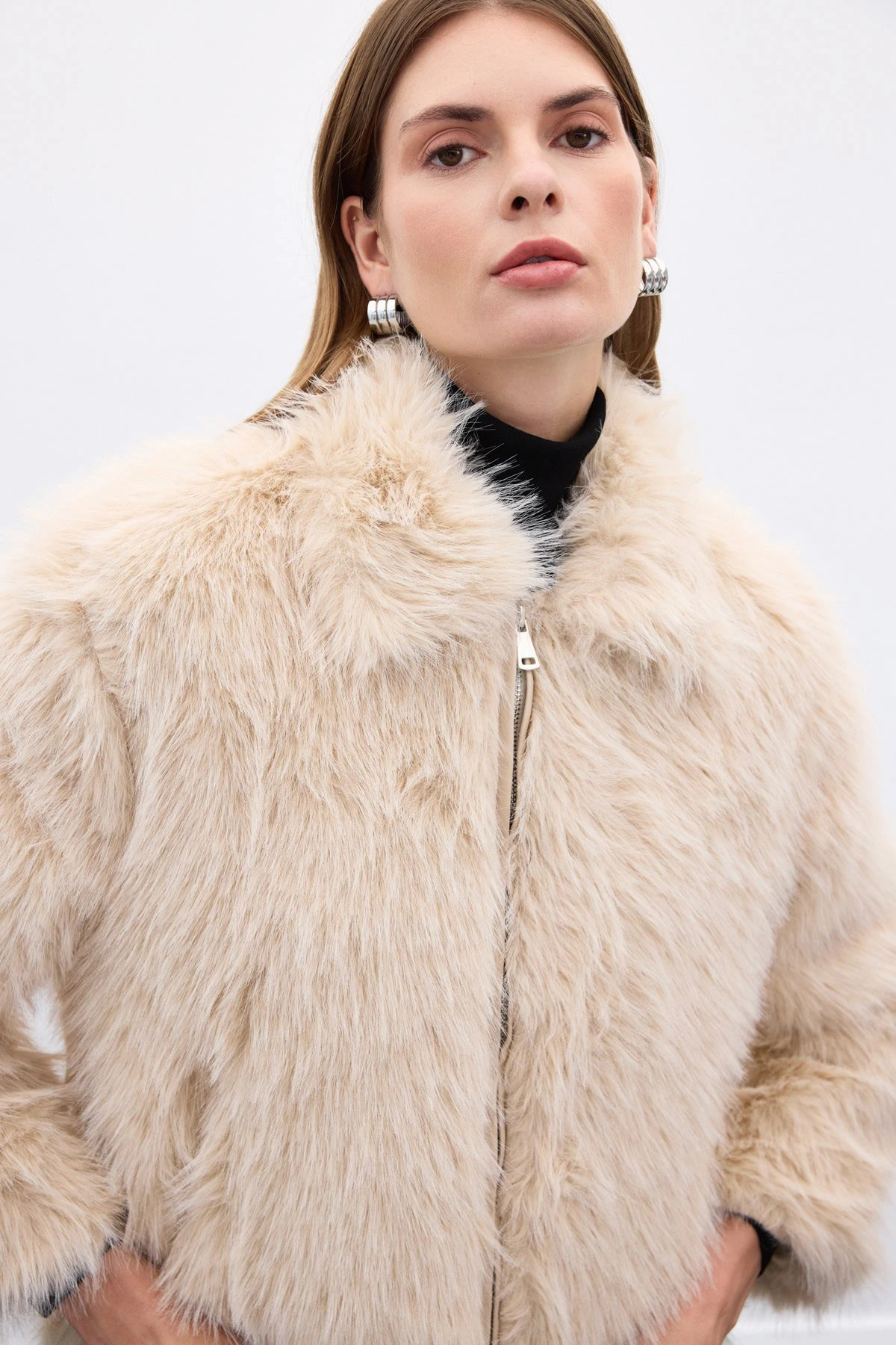 Tüylü Fermuarlı Kadın Kürk - Бежевый