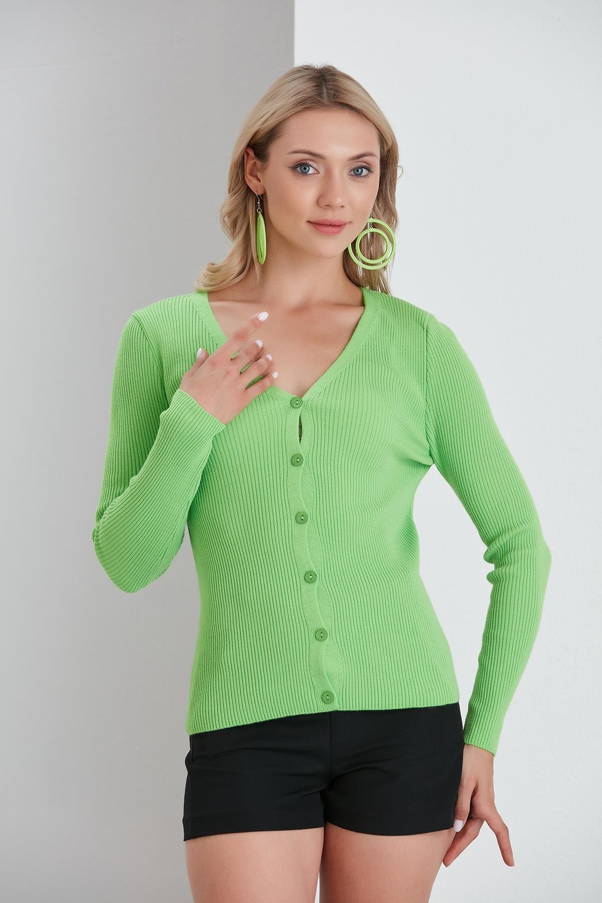İnce Fitilli V Yaka Slim Fit Kadın Hırka - Yeşil