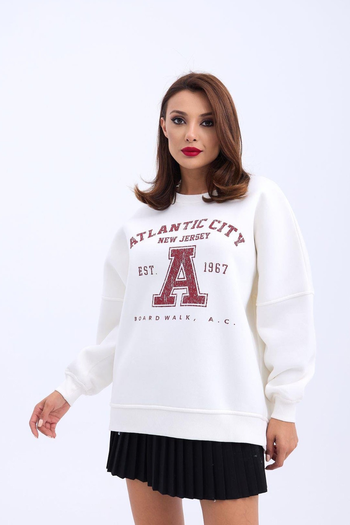 Kadın Sweatshirt Bisiklet Yaka Baskı Detaylı 3 İplik Şardonlu Kumaş - экрю