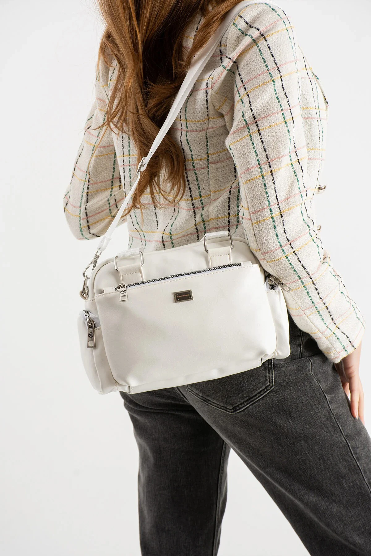 Çok Gözlü Ayarlanabilir Çapraz Askılı Kadın El ve Omuz Çantası - Beyaz