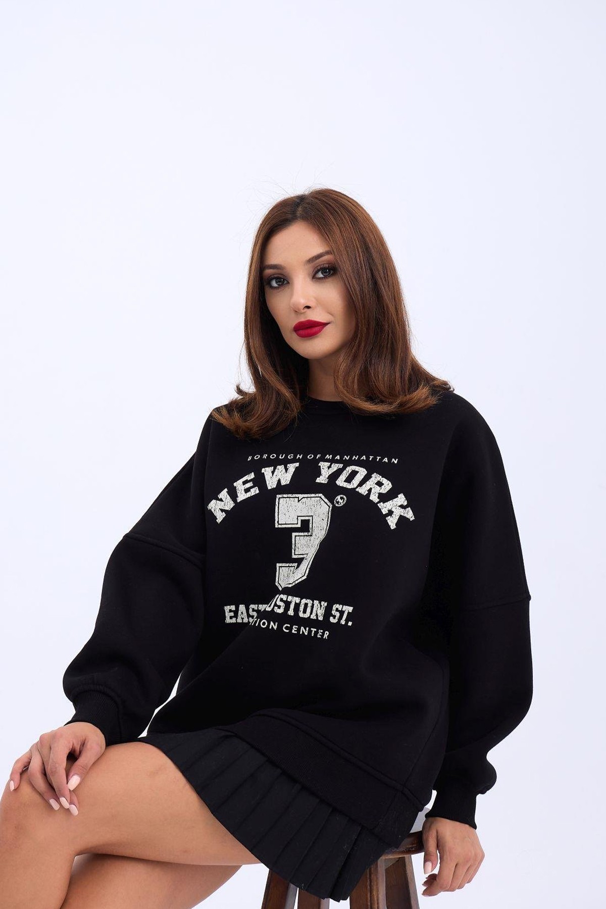 Kadın Sweatshirt Bisiklet Yaka New York Baskı Detaylı Şardonlu Kumaş - Черный