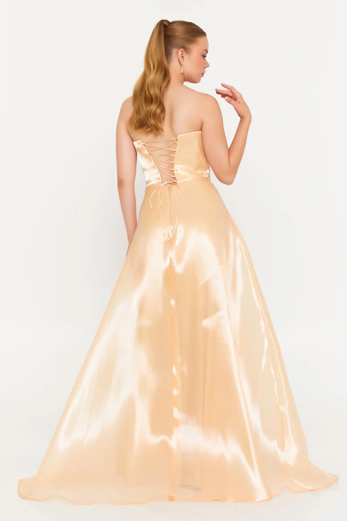 Straplez Uzun Tül A Kesim Abiye Balo Elbisesi - Safran