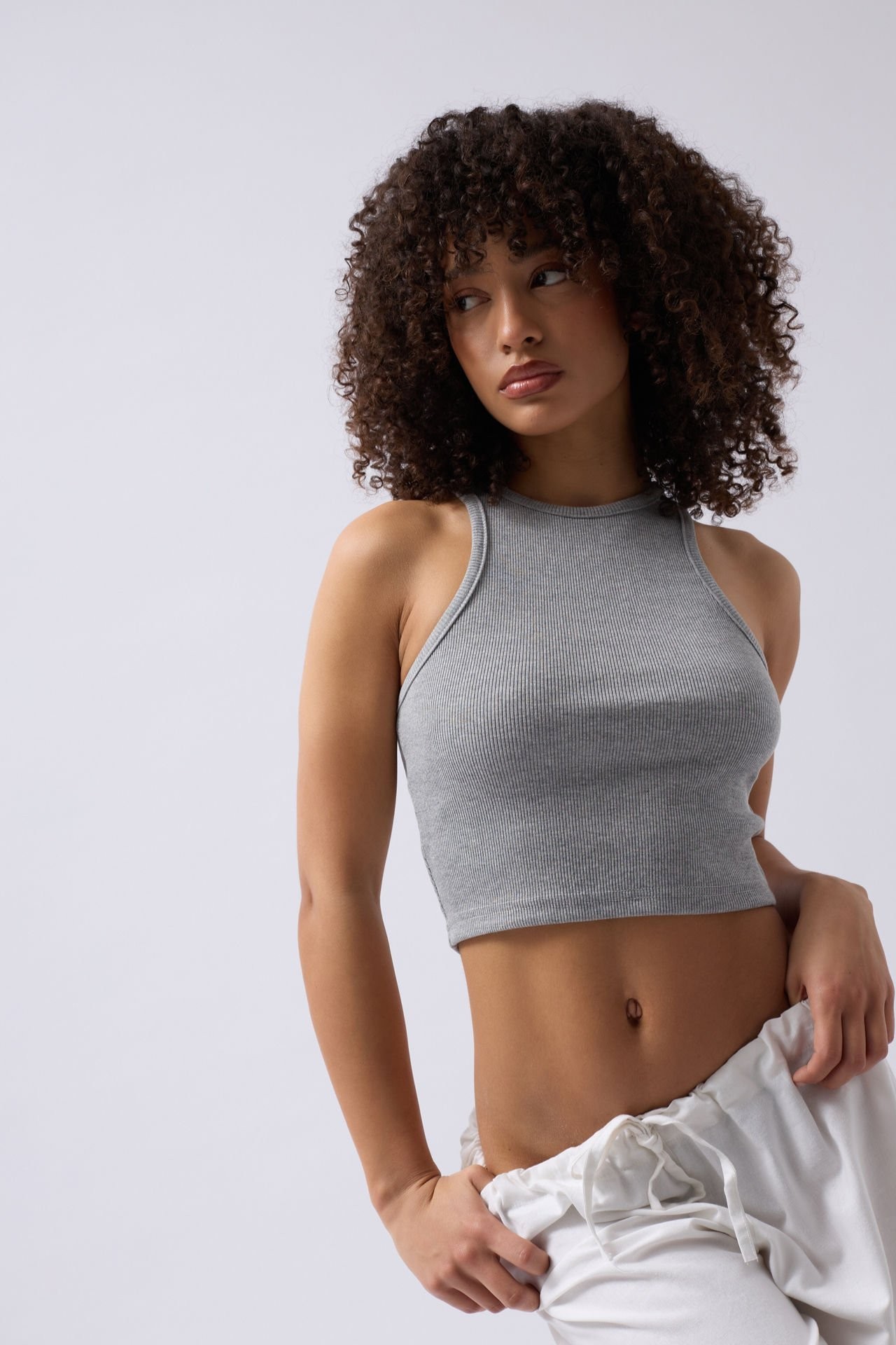 Halter Yaka Pamuklu Esnek Kumaş Crop Bluz - Серый