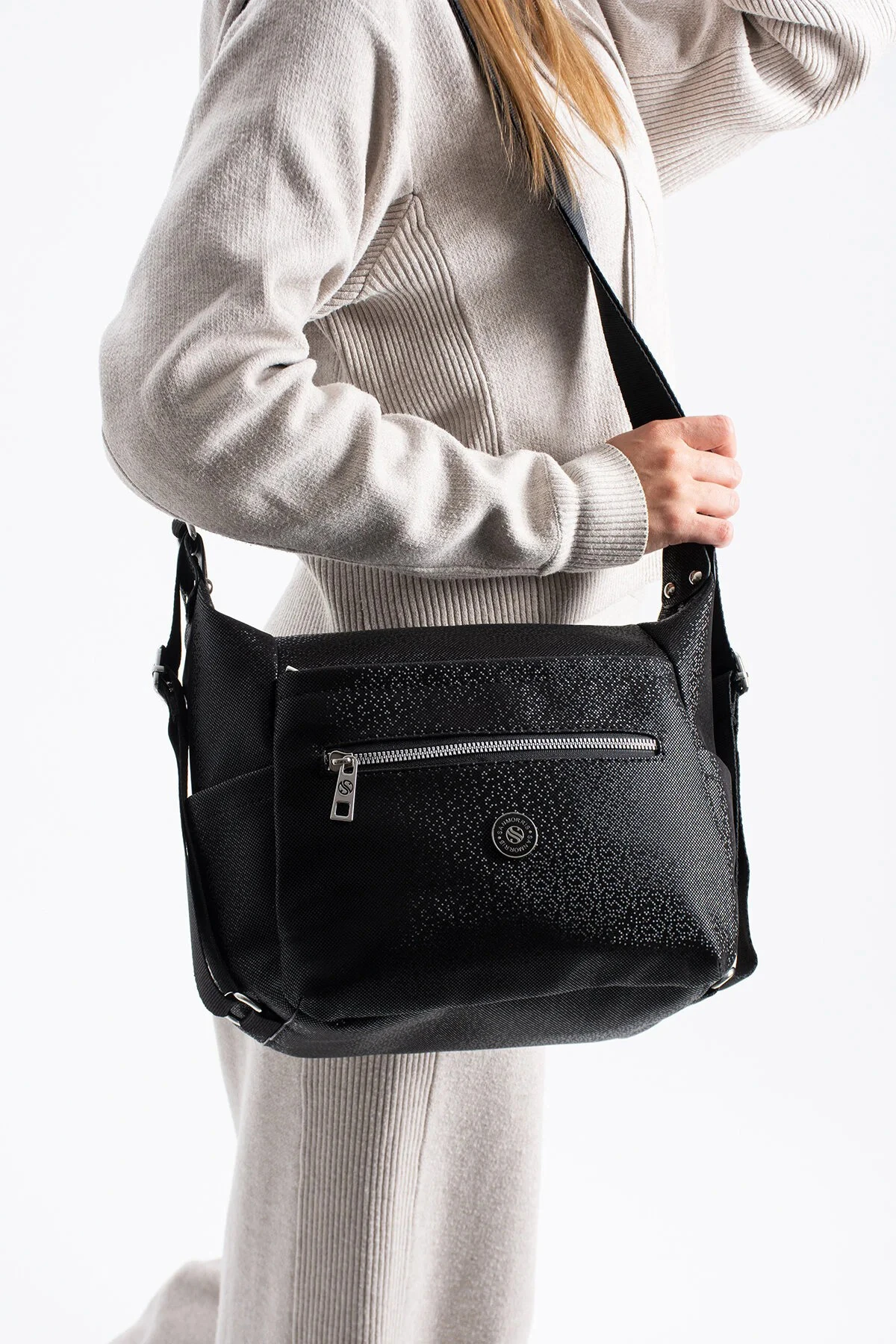 Kadın 4 Bölmeli Suni Yumuşak Deri Omuz ve Sırt Çantası - Siyah Mozaik