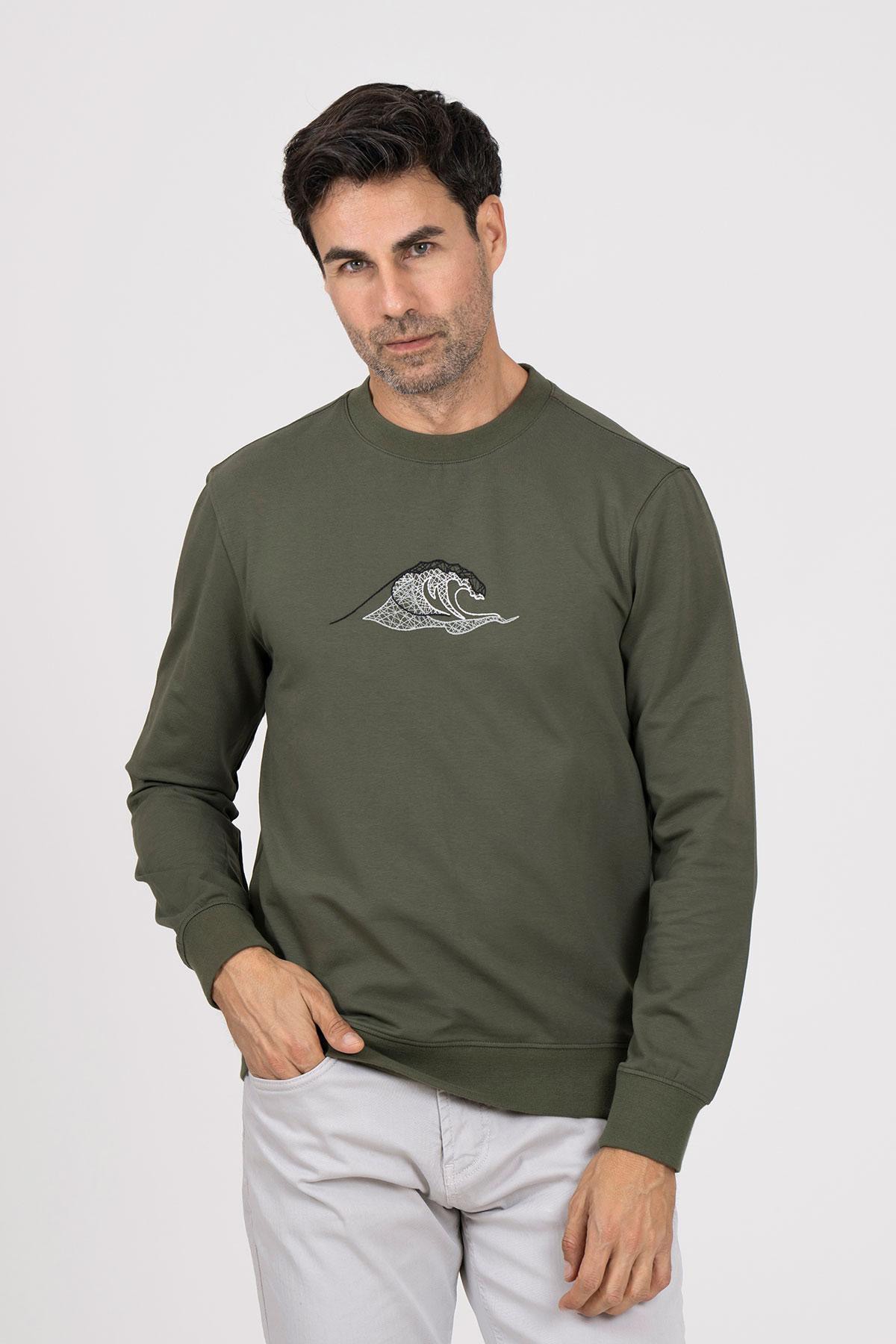 Wave Baskılı Bisiklet Yaka Pamuklu Erkek Sweatshirt - Haki