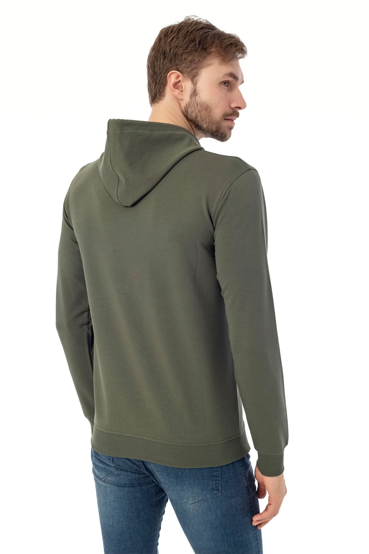 Erkek Sweatshirt Kangru Cep Detaylı & Pamuklu - Хаки