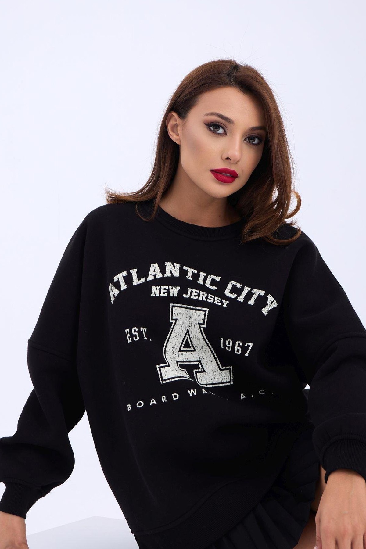 Kadın Sweatshirt Bisiklet Yaka Baskı Detaylı 3 İplik Şardonlu Kumaş