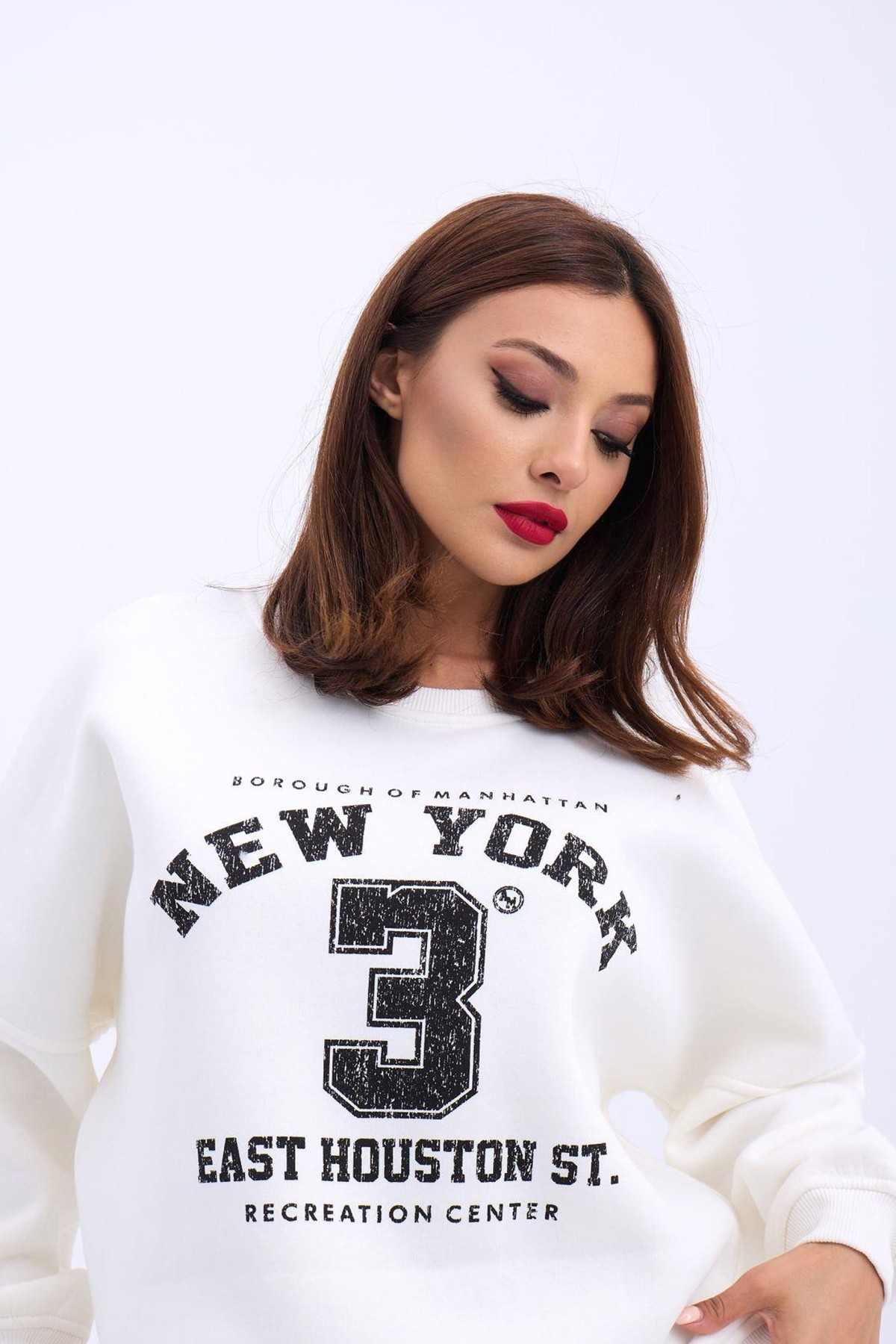 Kadın Sweatshirt Bisiklet Yaka New York Baskı Detaylı Şardonlu Kumaş - экрю