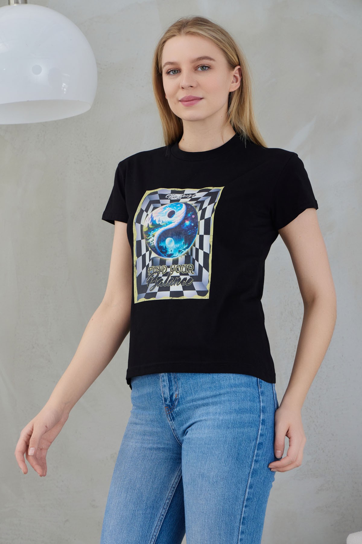 Kadın T-Shirt Yin Yang Find Your Balance Baskılı - Siyah