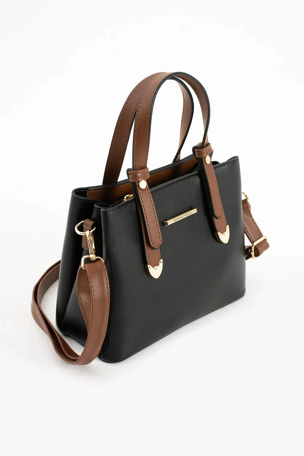 4 Bölmeli Gold Aksesuarlı Şık Kadın Omuz ve El Çantası - Siyah Taba