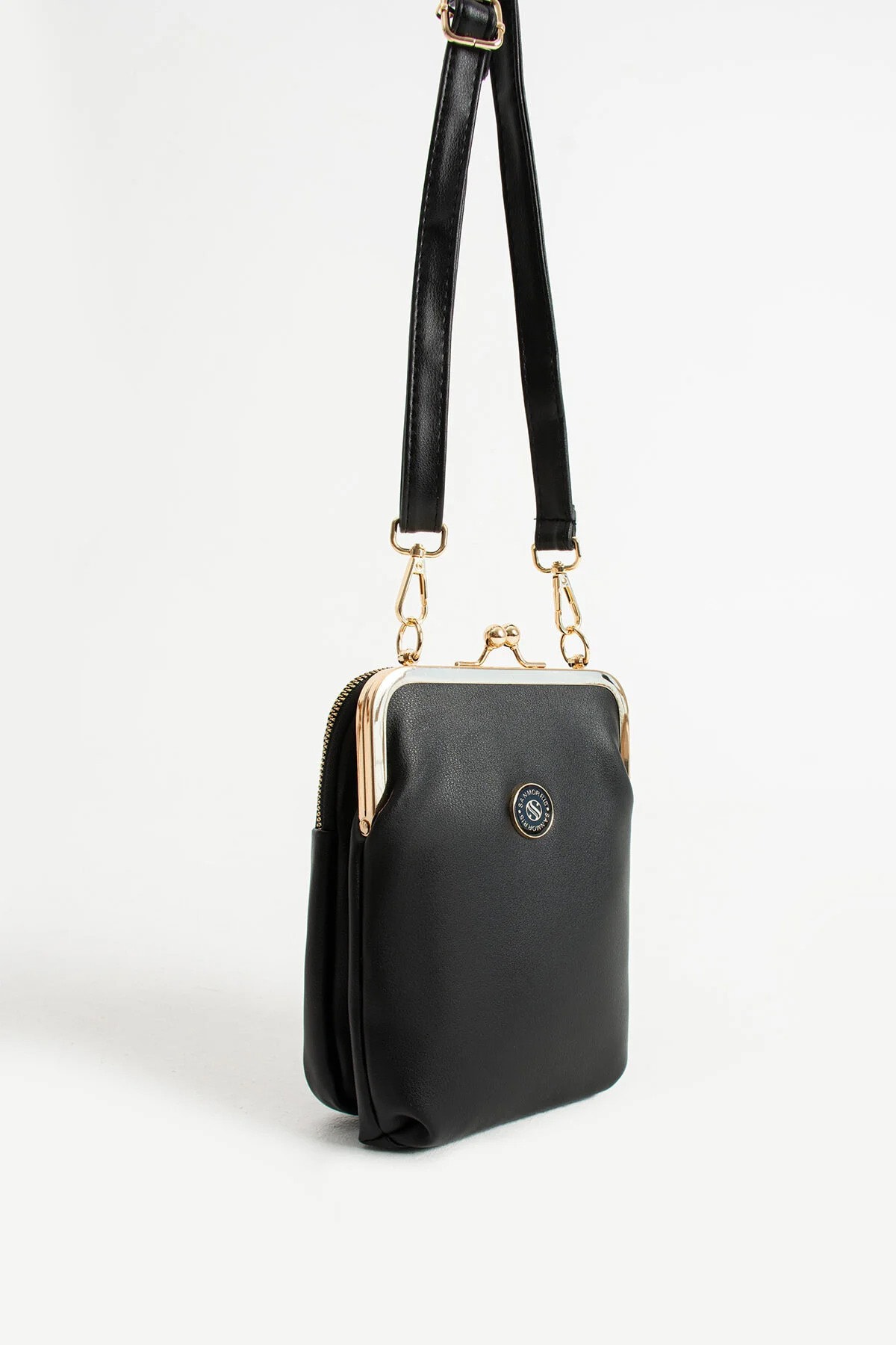 Gold Aksesuarlı Çapraz Askılı Suni Deri Omuz ve Çapraz Çanta - Siyah Mat