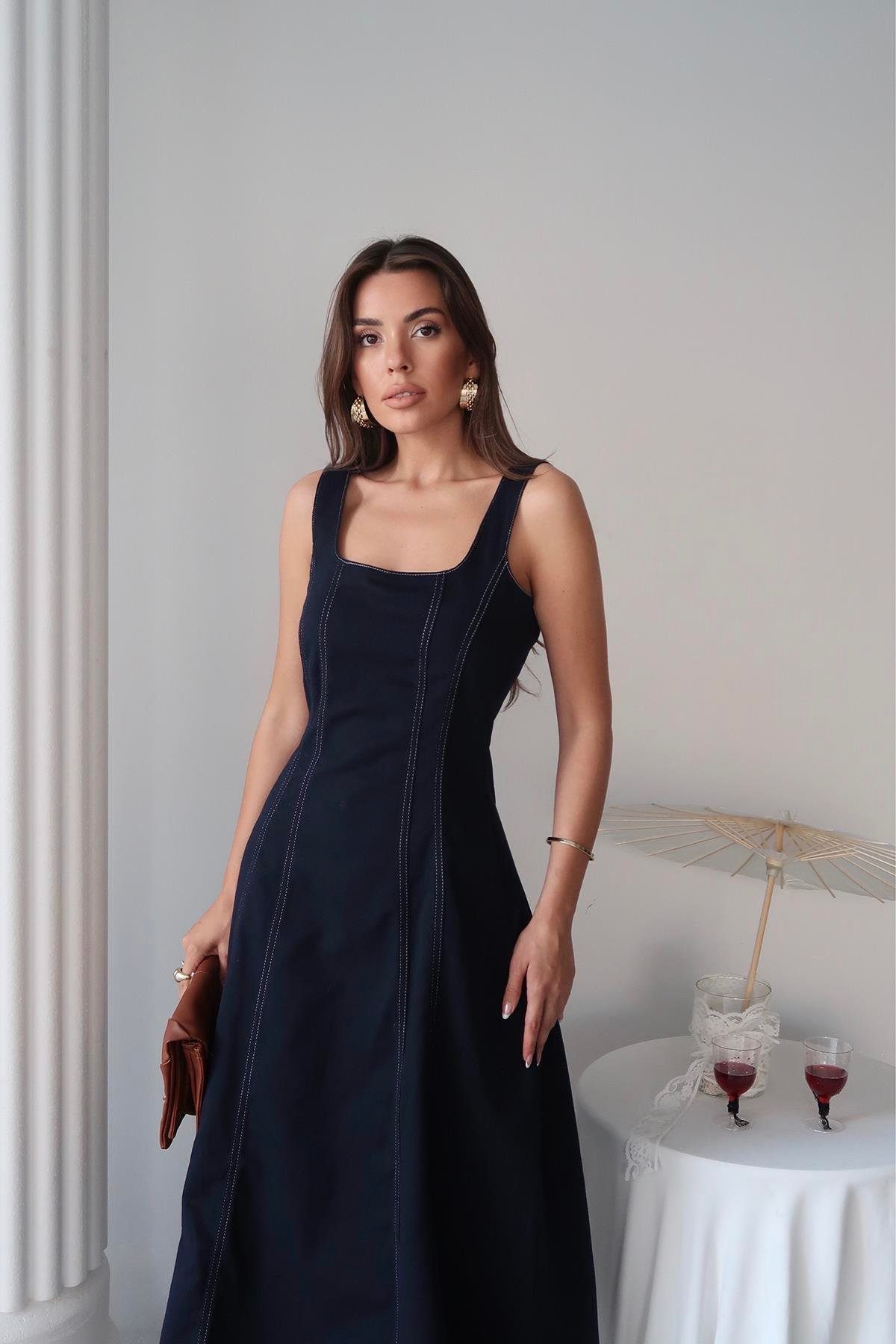 Çift Dikişli Kare Yaka Kolsuz Gabardin Elbise - Lacivert