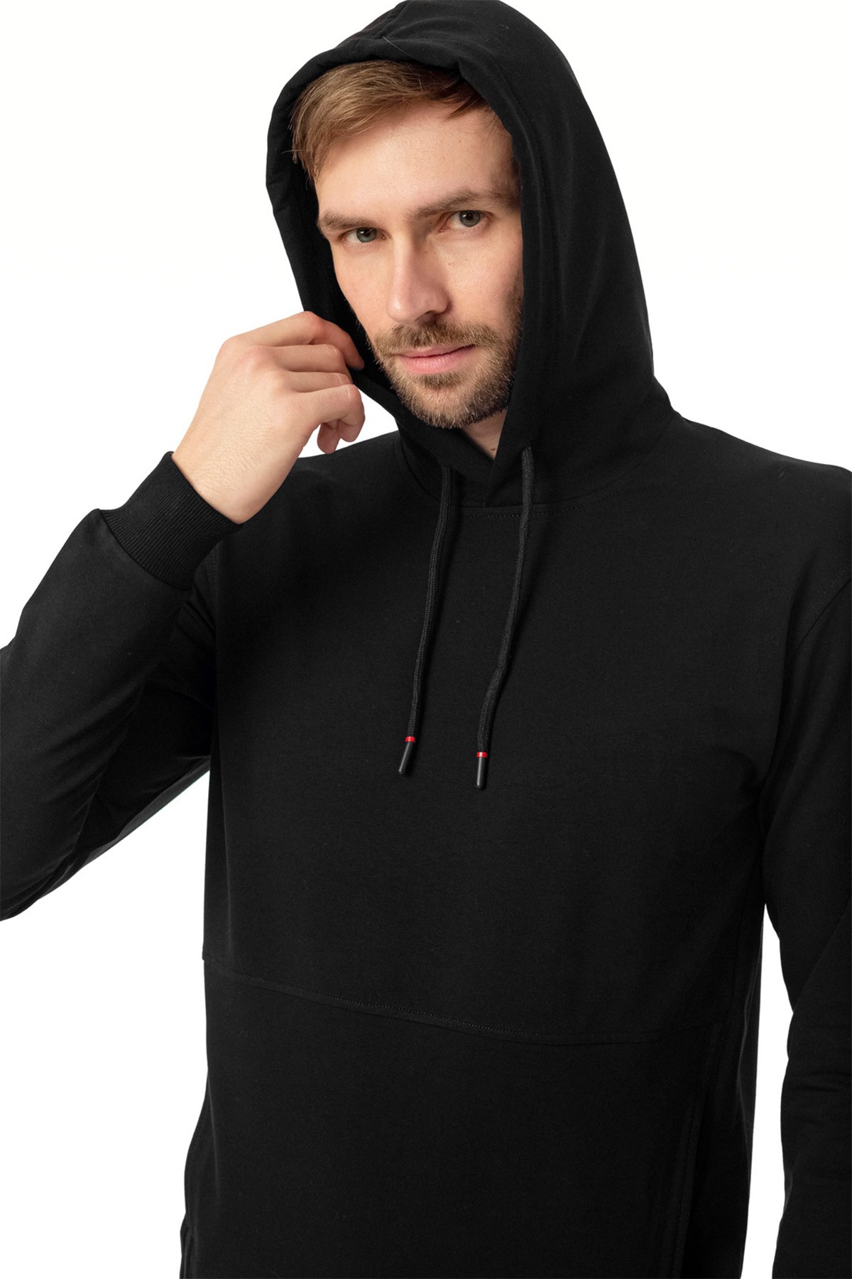 Erkek Sweatshirt Kangru Cep Detaylı & Pamuklu - Siyah