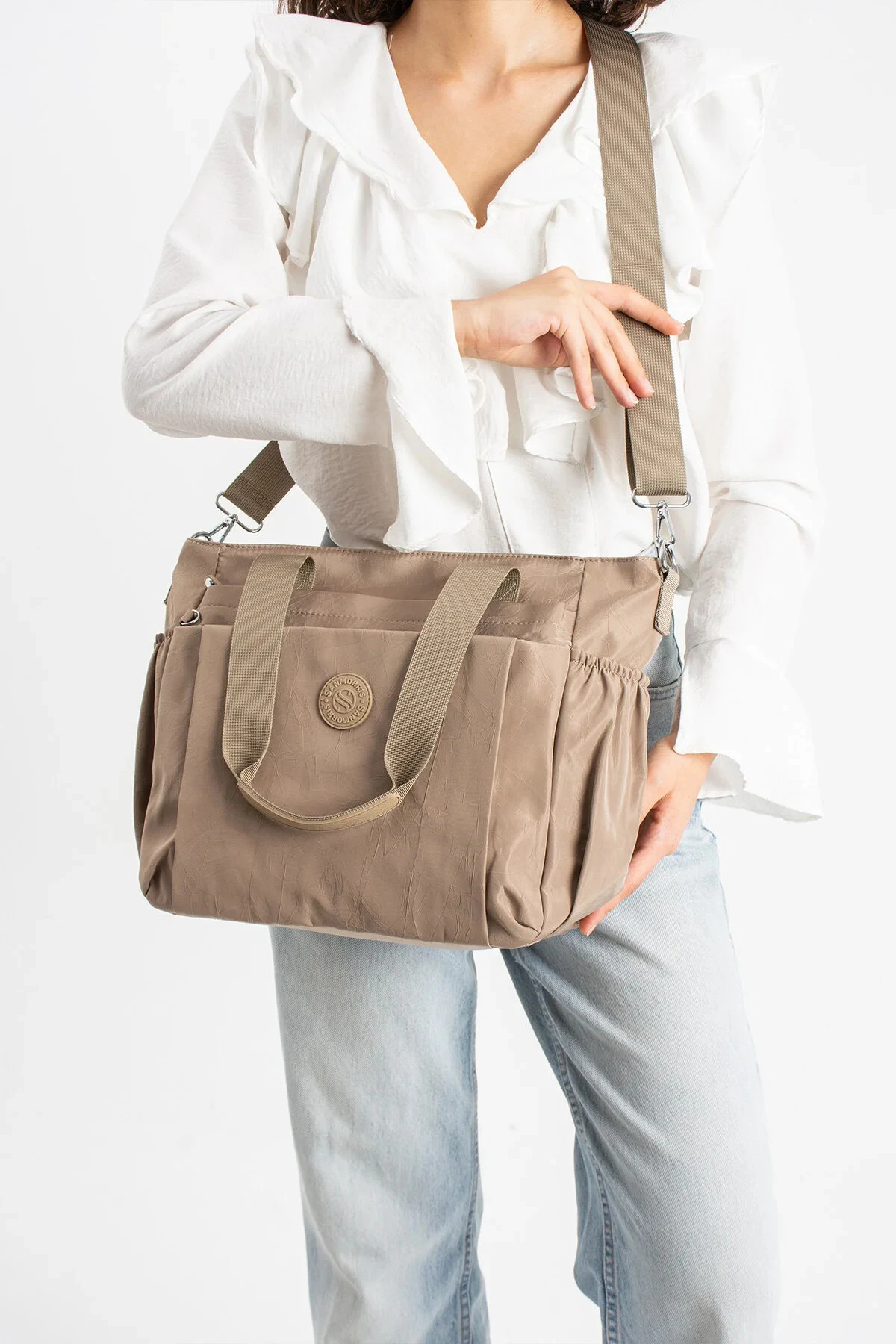 Büyük Boy 4 Bölmeli Suya Dayanıklı Çapraz ve Omuz Askılı Çanta - Bej