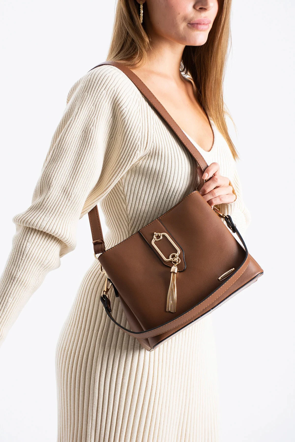 Gold Detaylı 3 Bölmeli Omuz ve Çapraz Kadın Çanta - Taba Mat