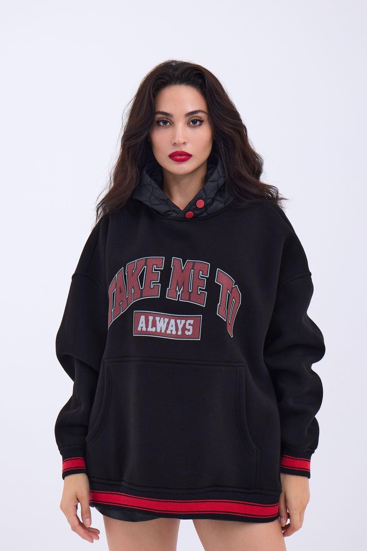 Kapüşonlu Kadın Hoodie Sweatshirt 3 İplik Şardonlu Kumaş Baskı Detaylı