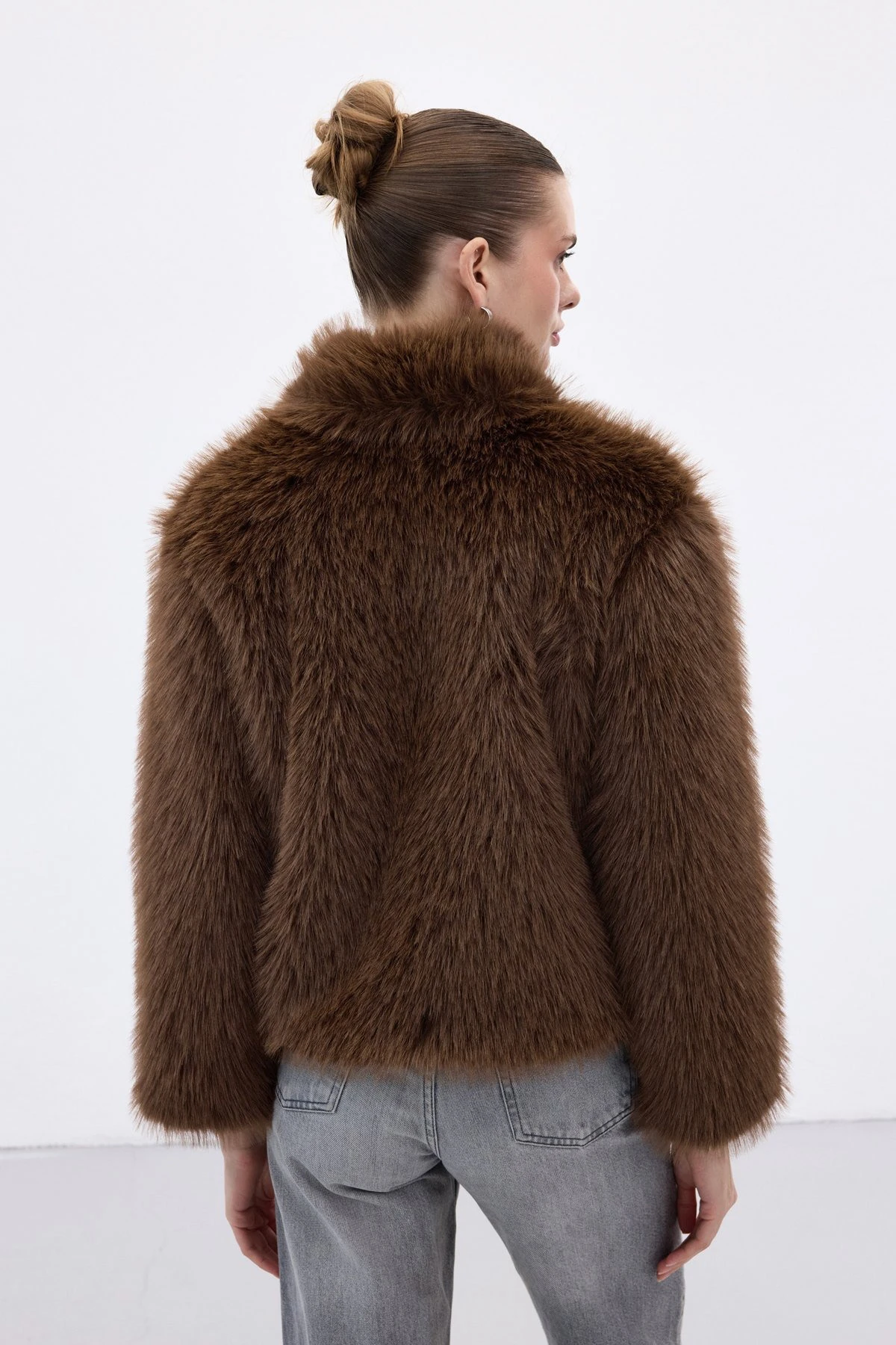 Tüylü Fermuarlı Kadın Kürk - Kahve