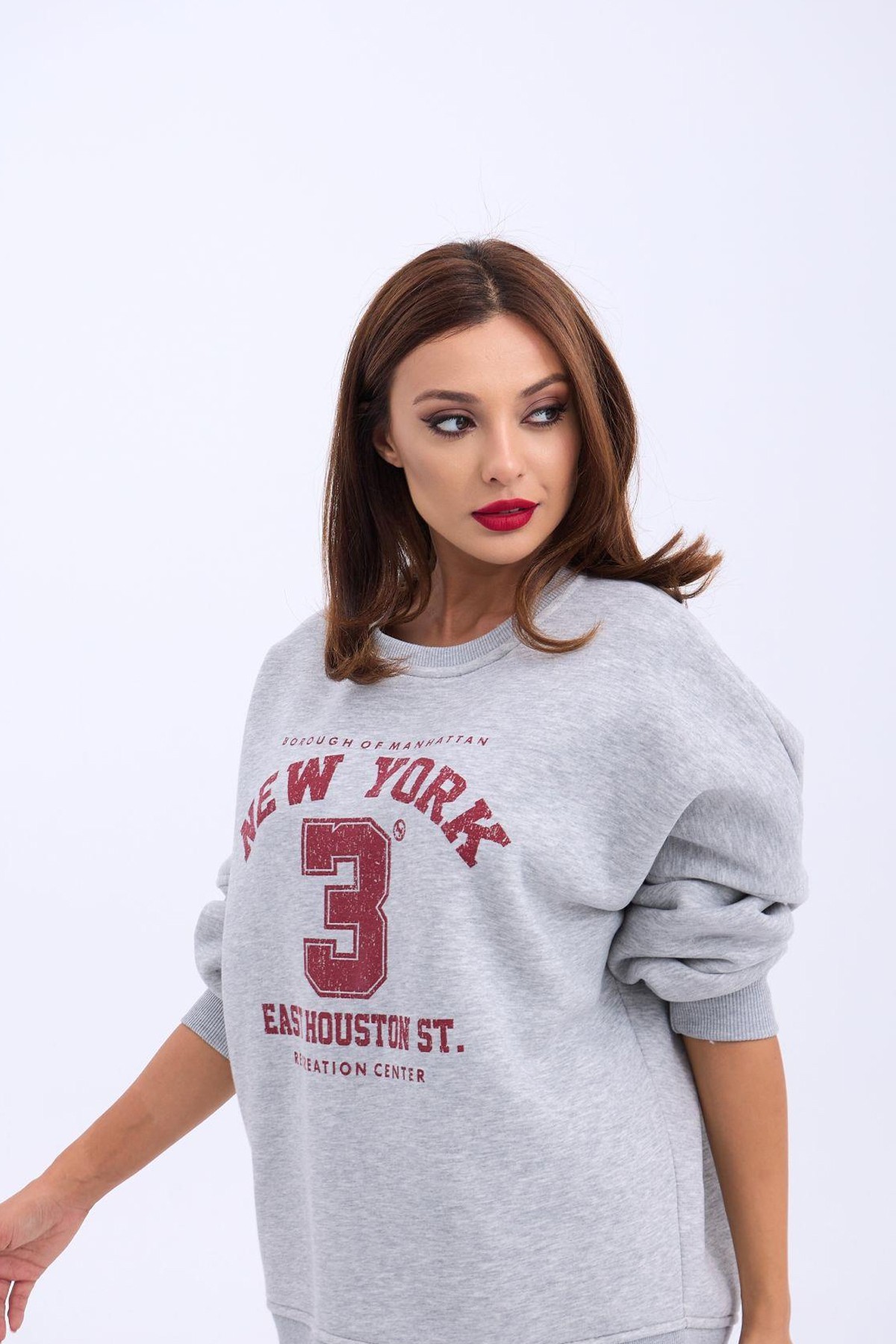 Kadın Sweatshirt Bisiklet Yaka New York Baskı Detaylı Şardonlu Kumaş