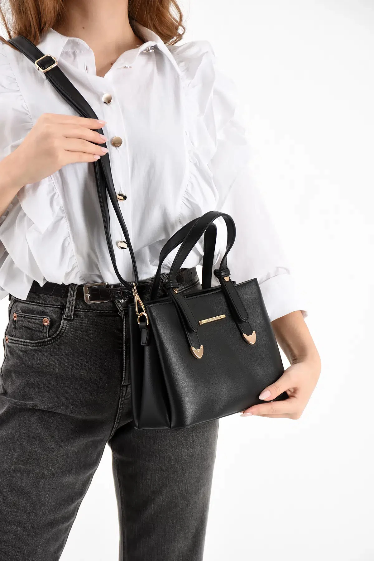 4 Bölmeli Gold Aksesuarlı Şık Kadın Omuz ve El Çantası - Siyah Mat