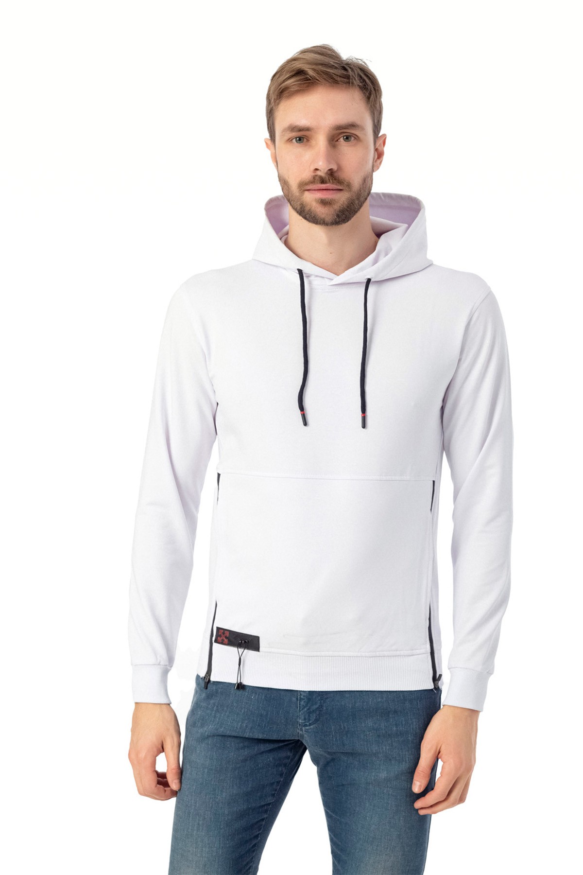 Erkek Sweatshirt Kangru Cep Detaylı & Pamuklu - Beyaz