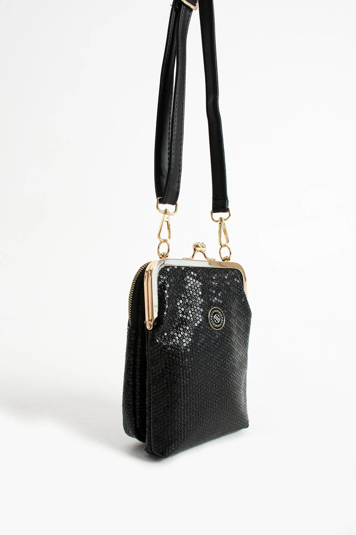 Gold Aksesuarlı Çapraz Askılı Suni Deri Omuz ve Çapraz Çanta - Siyah Damla