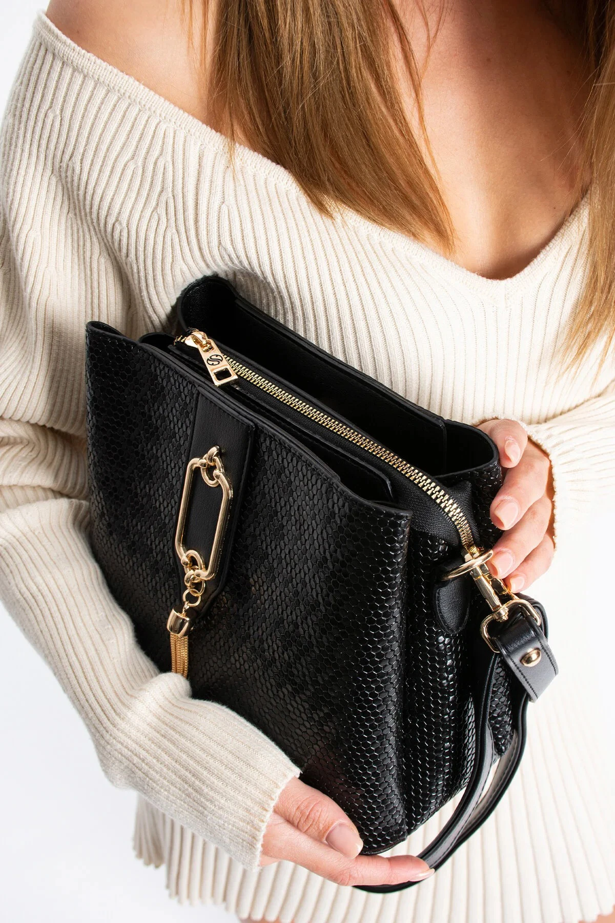 Gold Detaylı 3 Bölmeli Omuz ve Çapraz Kadın Çanta - Siyah Damla