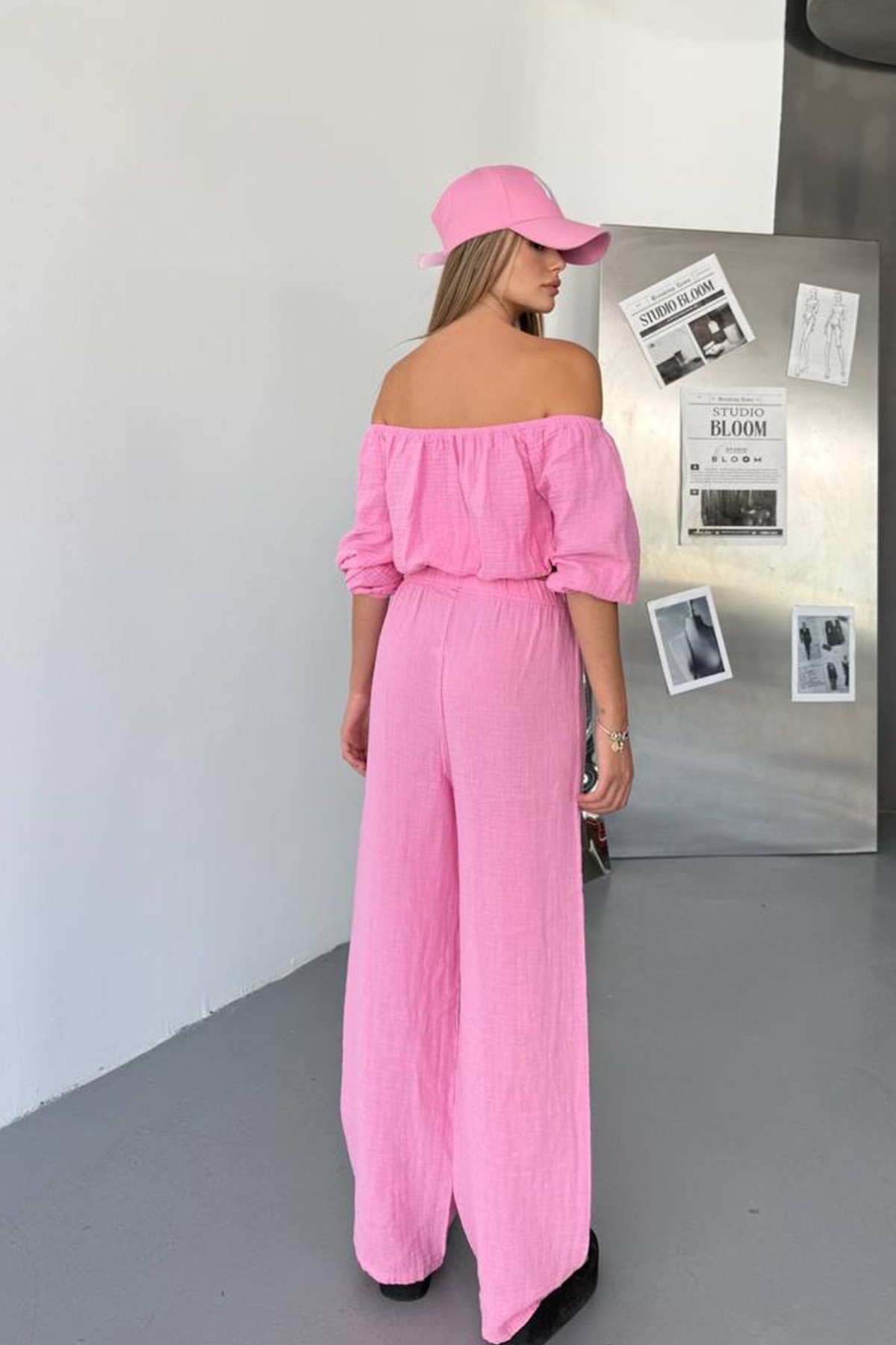 Müslin Kumaş Madonna Yaka İkili Takım - Pembe