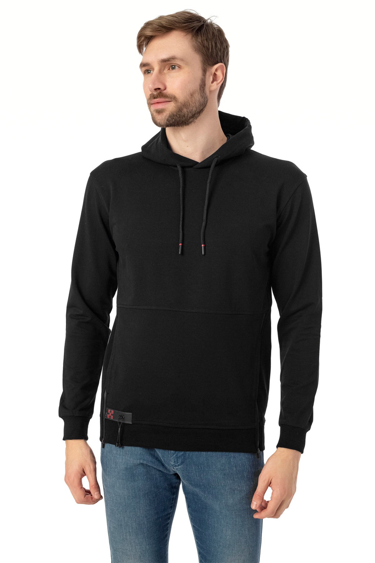 Erkek Sweatshirt Kangru Cep Detaylı & Pamuklu - Siyah