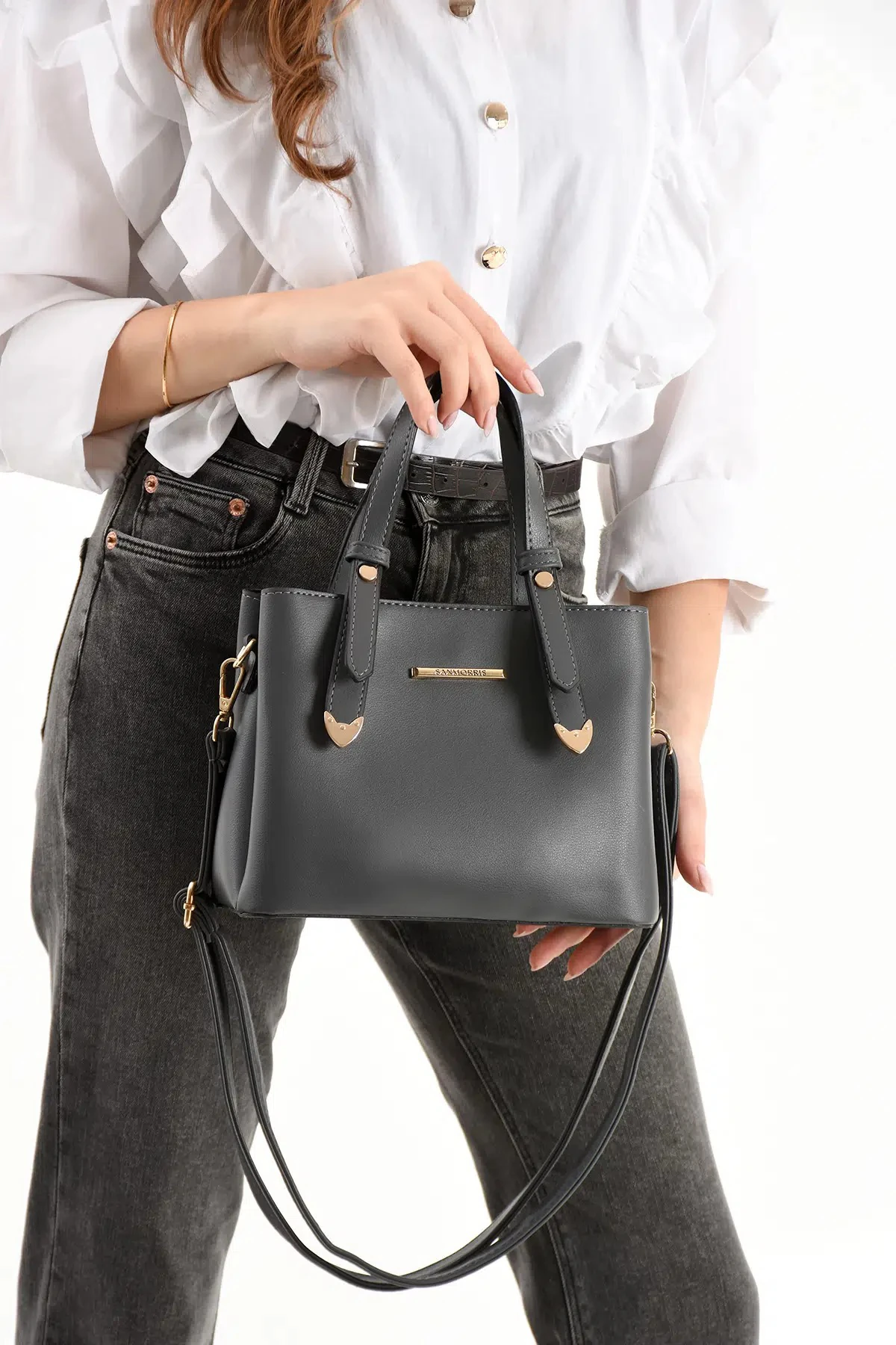 4 Bölmeli Gold Aksesuarlı Şık Kadın Omuz ve El Çantası - Gri