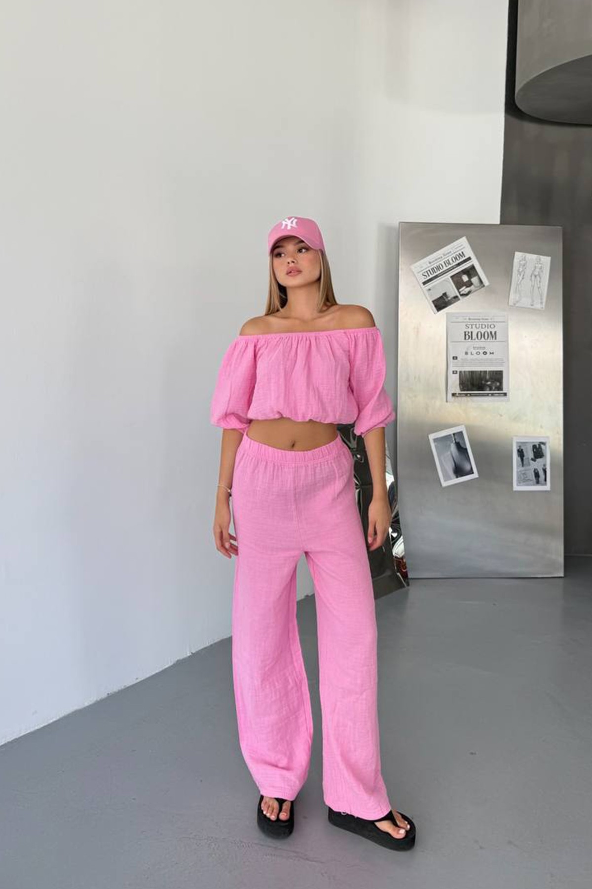 Müslin Kumaş Madonna Yaka İkili Takım - Pembe